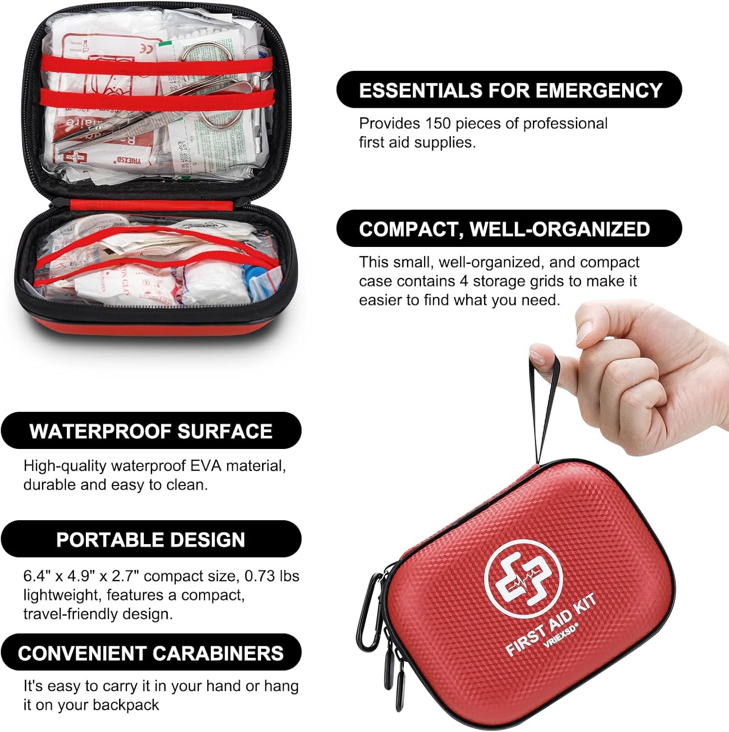 Mini First Aid Kit – 150 Piece Small Waterproof Hard Shell Medical Kit for Home,