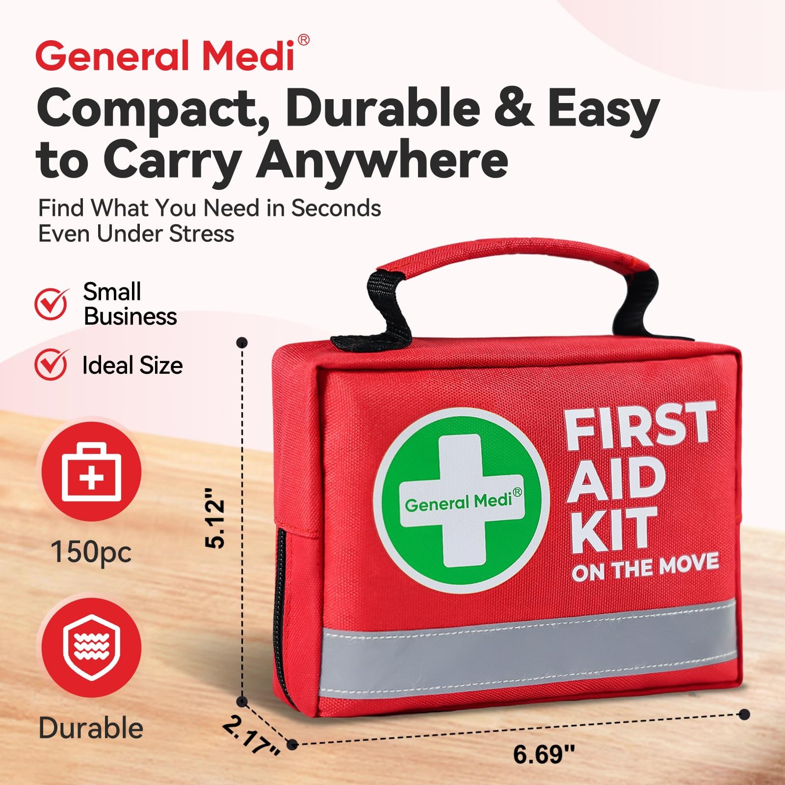 General Medi First Aid Kit 150 Pcs Small Compact Emergency Bag Travel Home Car