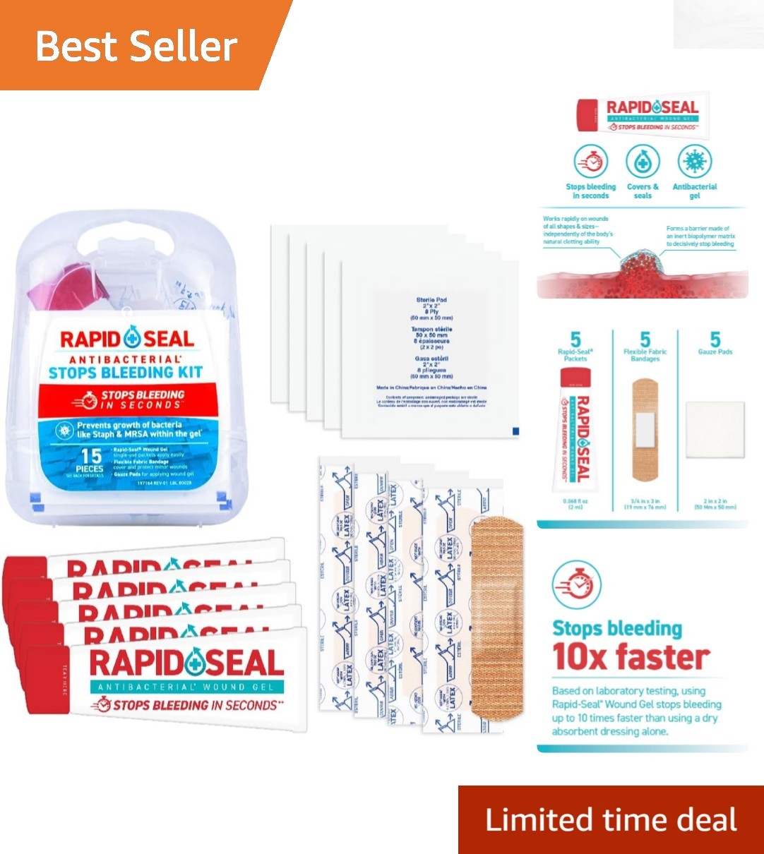 Rapid Seal 15pc First Aid Kit: Stops Bleeding in Seconds for Emergencies