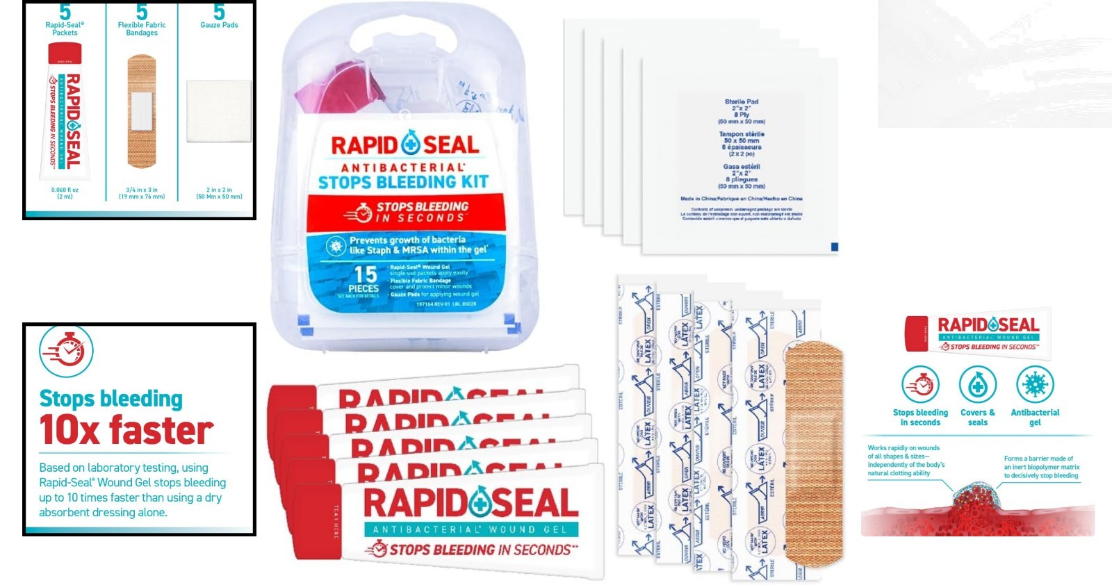 Rapid Seal 15pc First Aid Kit: Stops Bleeding in Seconds for Emergencies