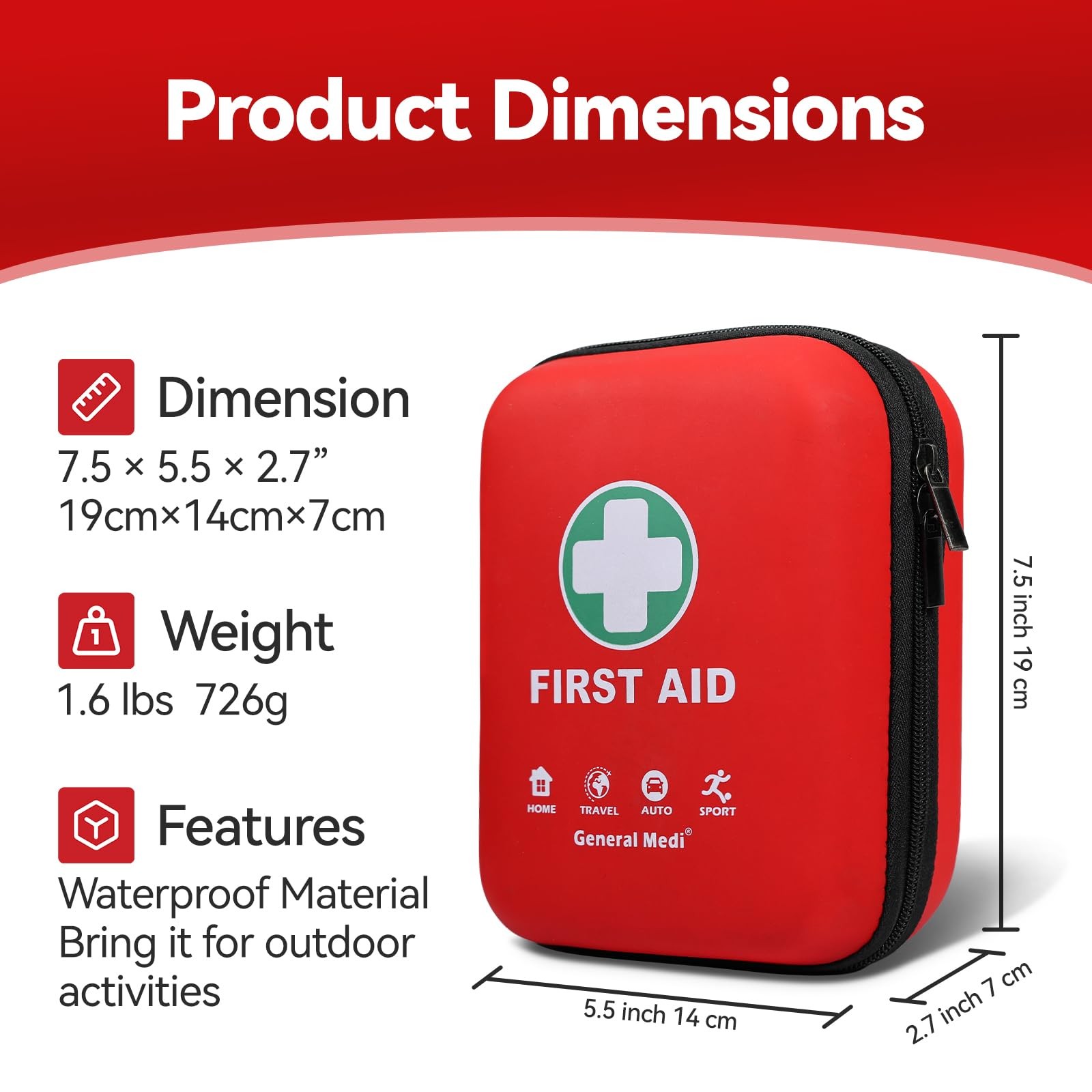 General Medi First Aid Kit – 170 Pieces Hard Case and 170 Piece Set, Red
