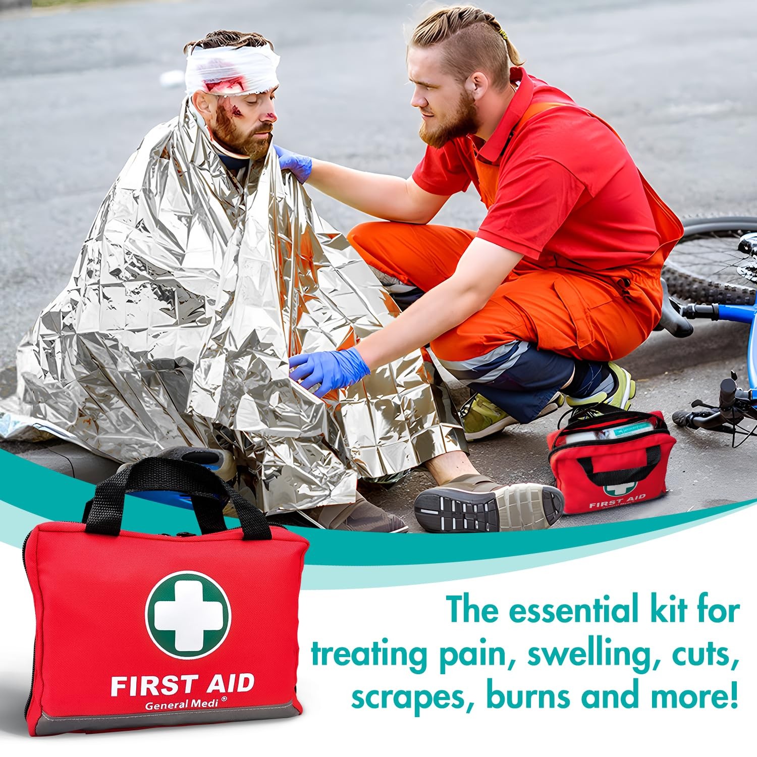 General Medi First Aid Kit -309 Pieces- Reflective Bag 309 Piece Set, Red