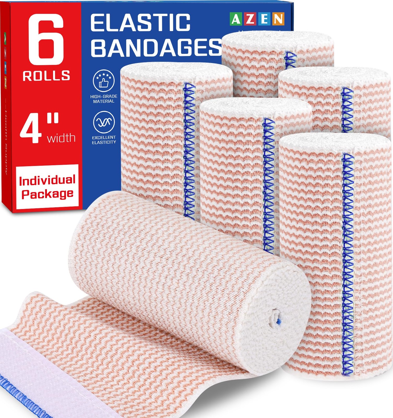 AZEN Premium 6 Pack Elastic Bandage Wrap 4 Inch, Compression 4 A-6p