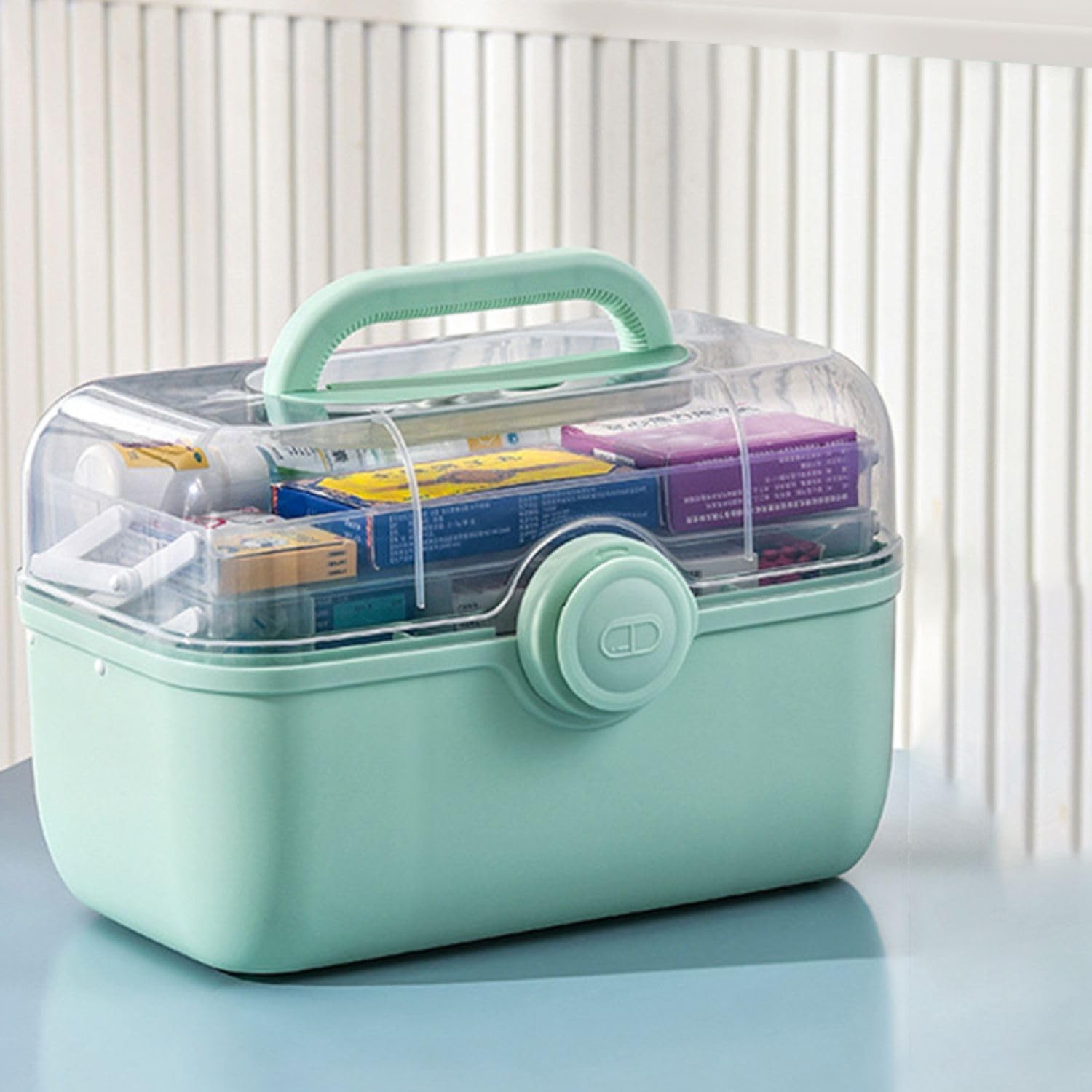 Mairuker Medicine Storage Containers 3-Tier Fold Tray Plastic Medical Green