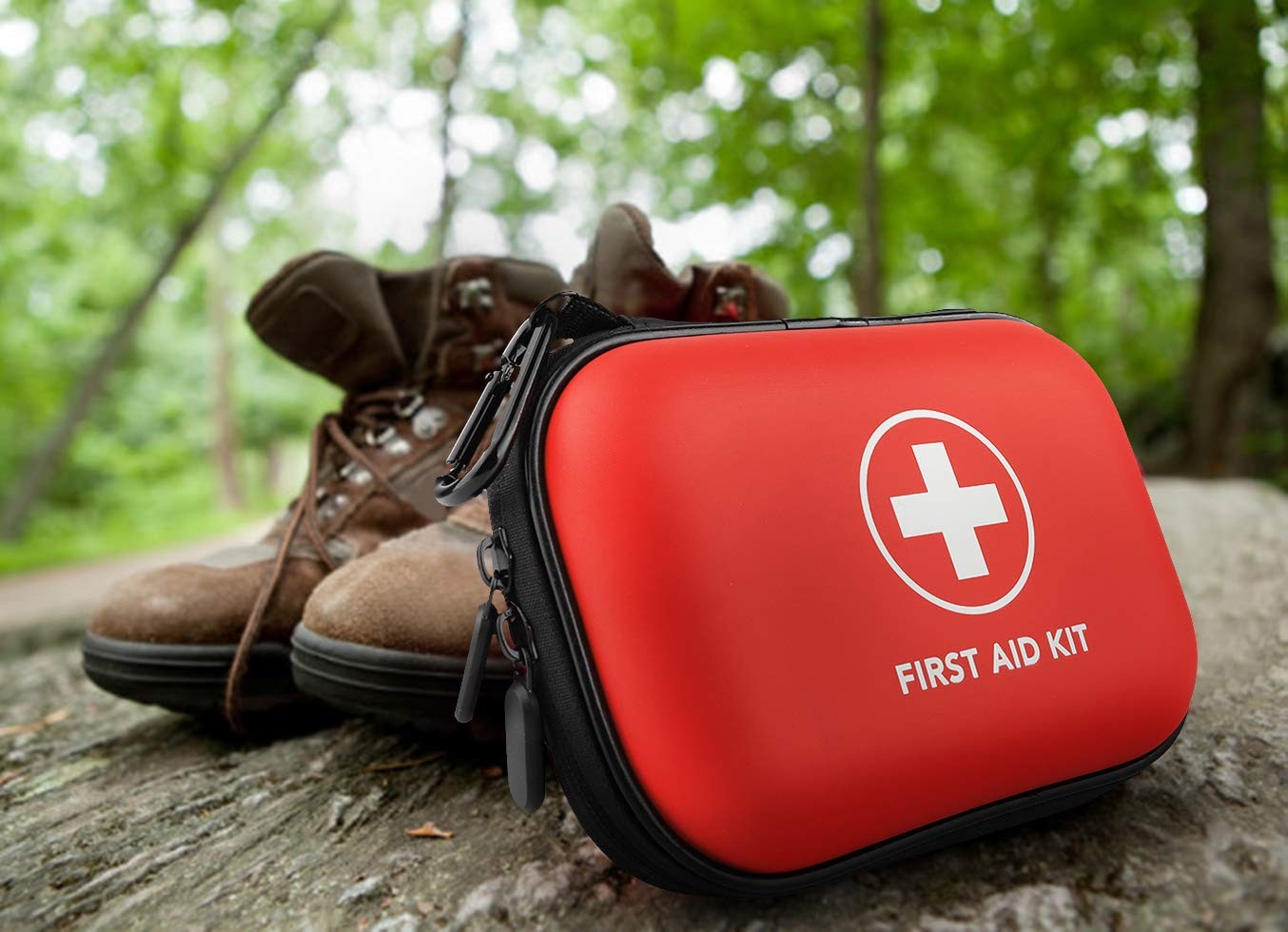 Mini First Aid Kit, 100 Pieces Water-Resistant Hard Shell Small Case – Red
