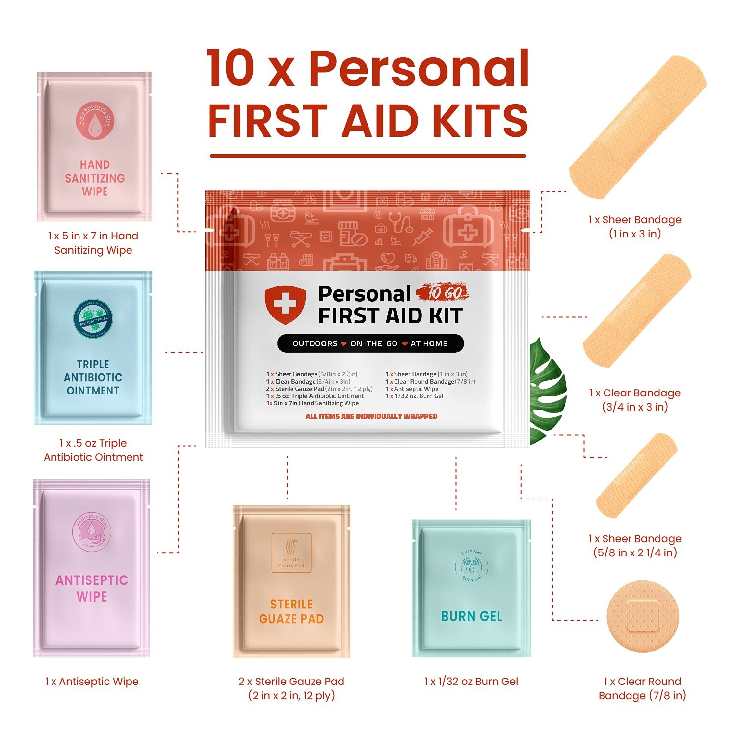 Personal First Aid Kit- 10 Pack | Clean, Treat, Protect Minor Cuts, Orange