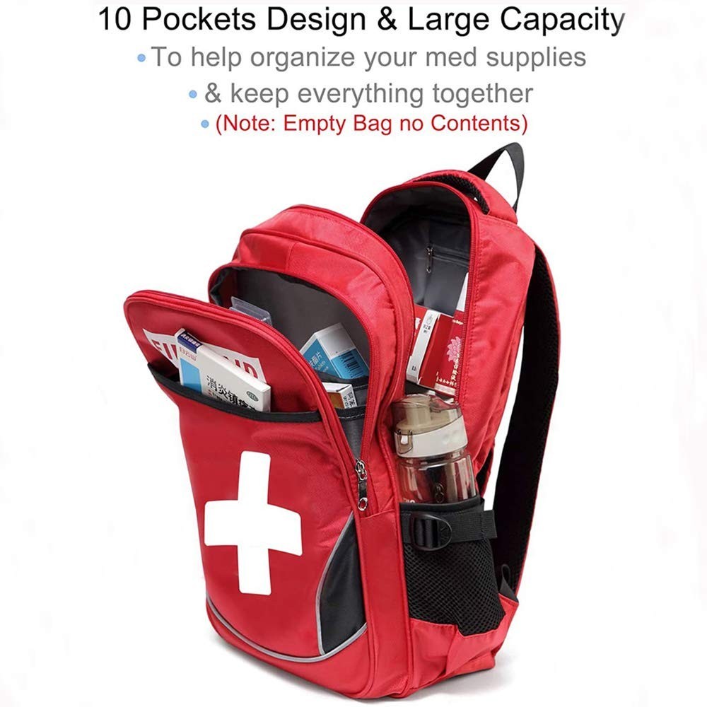 Empty Red First Aid Bag – Emergency Medical Backpack, Multi-Pocket Trauma Kit fo