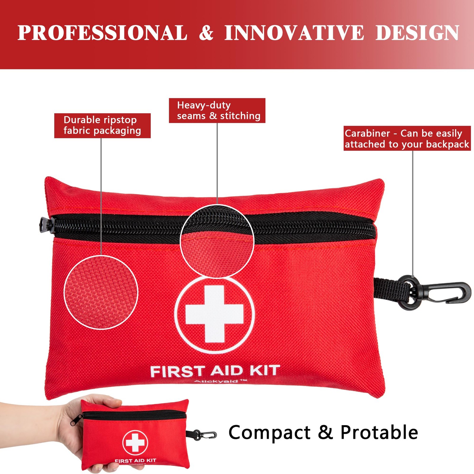 Atickyaid Mini First Aid Kit – 140 Piece Small 140 Pieces, Red