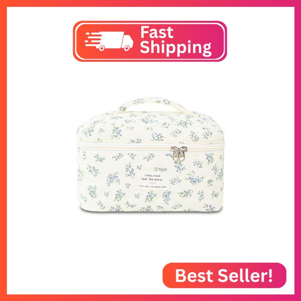 Makeup Bag, Floral Quilted Cosmetic Bag, Large Travel Aesthetic Make up Bag, Cut