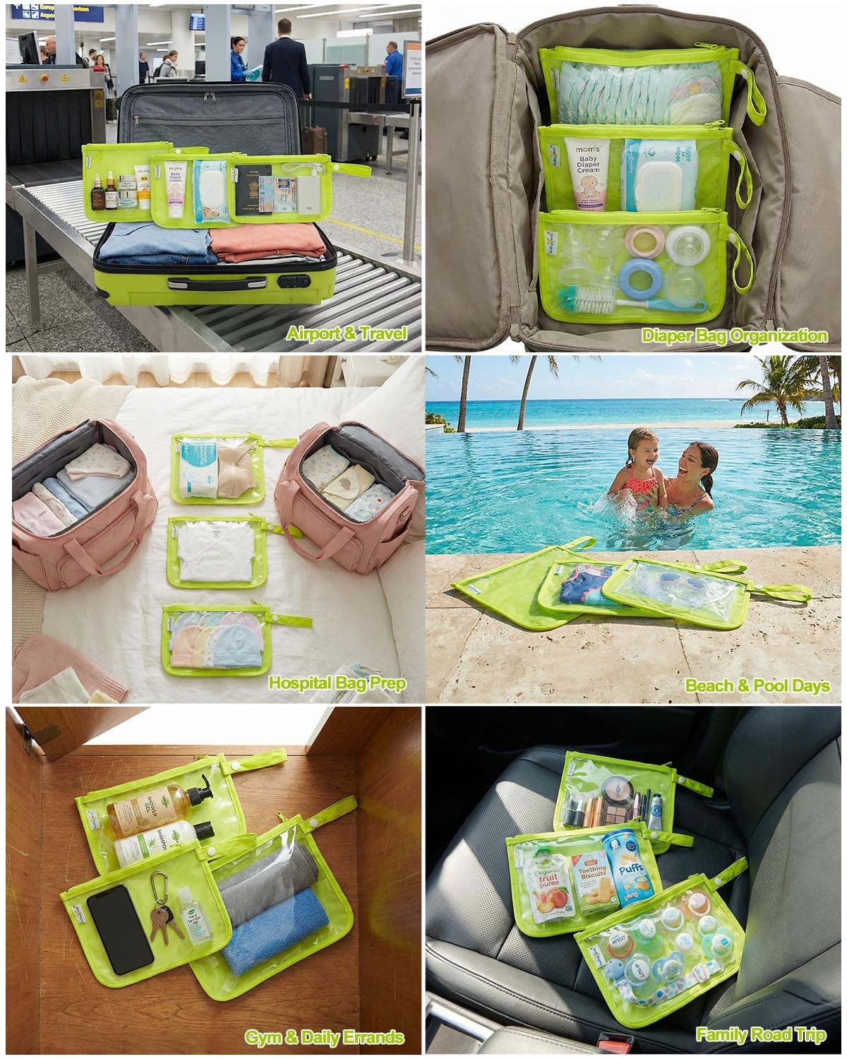 babygoal Clear Travel Organizer Bags 3 Pack, TSA Approved Fluorescent Green