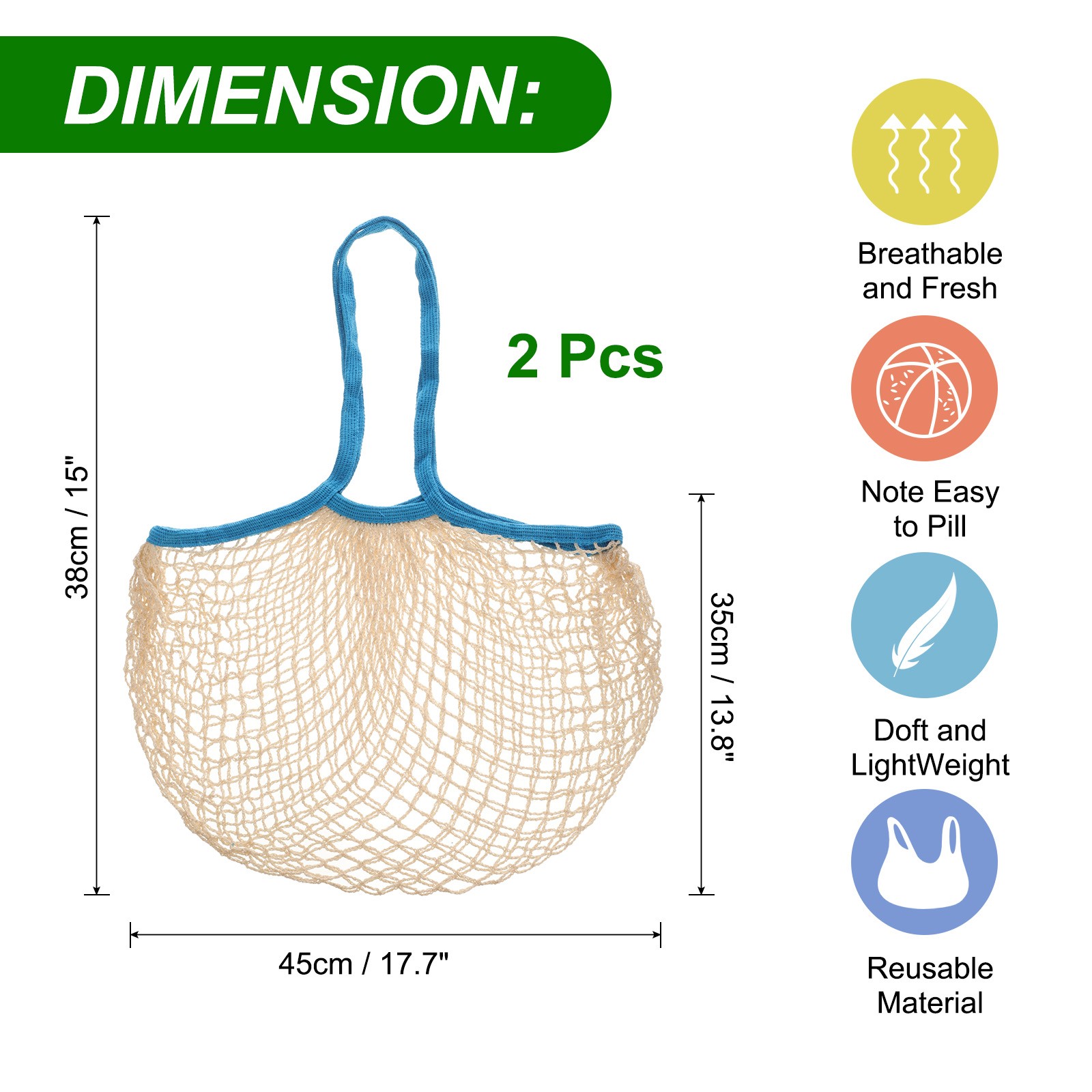 Reusable Mesh Produce Storage Bags Washable Portable Bag (Set of 2Pcs,Blue)
