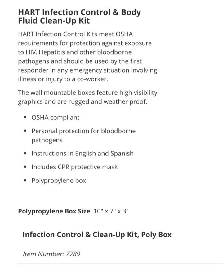 New Sealed Infection Control & Clean-up Kit by HART Health #7789