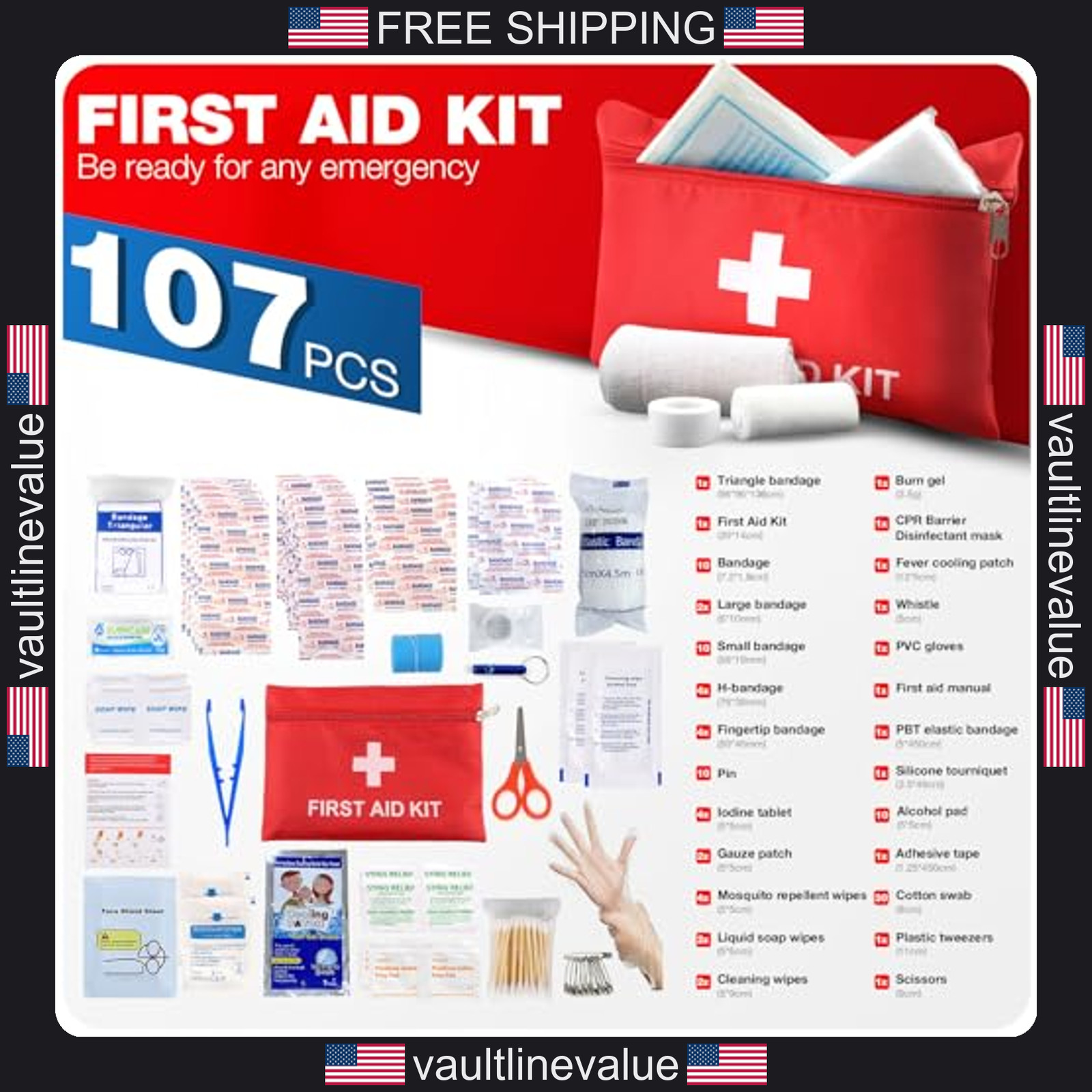 First Aid Kit 107 Piece Emergency Trauma Kit for Home Car Travel Hiking Camping