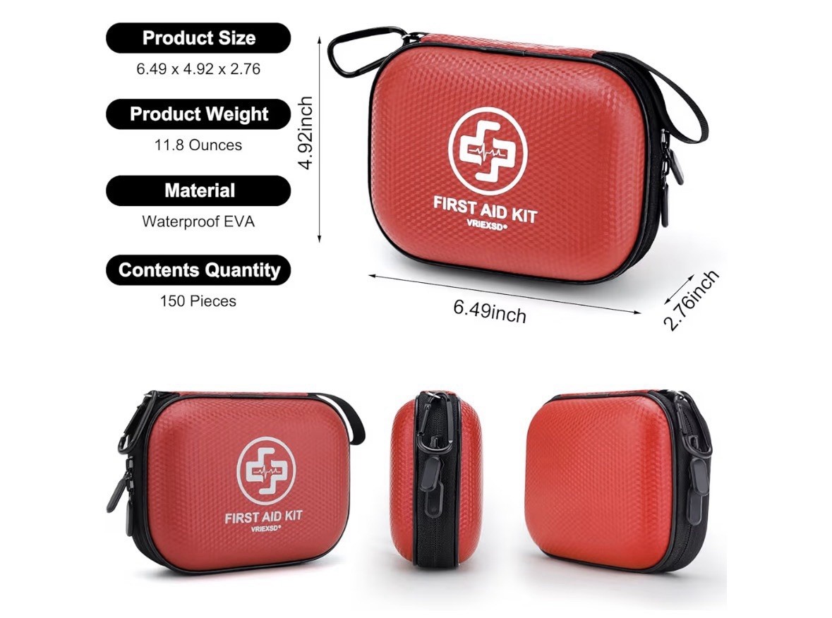 Mini First Aid Kit – 150 Piece Small Waterproof Hard Shell Medical Red