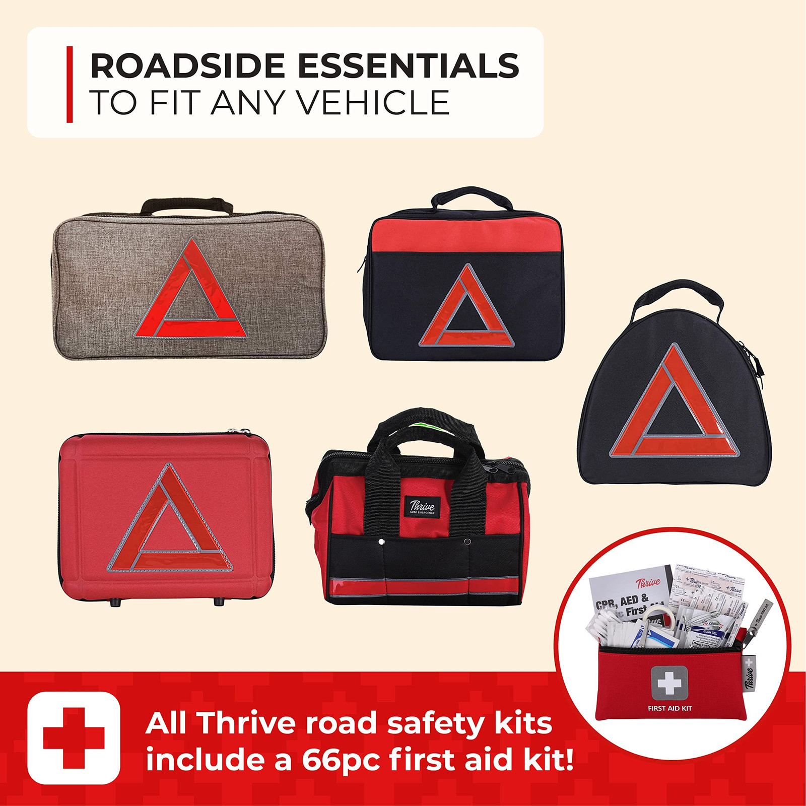 Thrive Car Emergency Kit & Roadside 104 Piece Set, Red Canvas Bag
