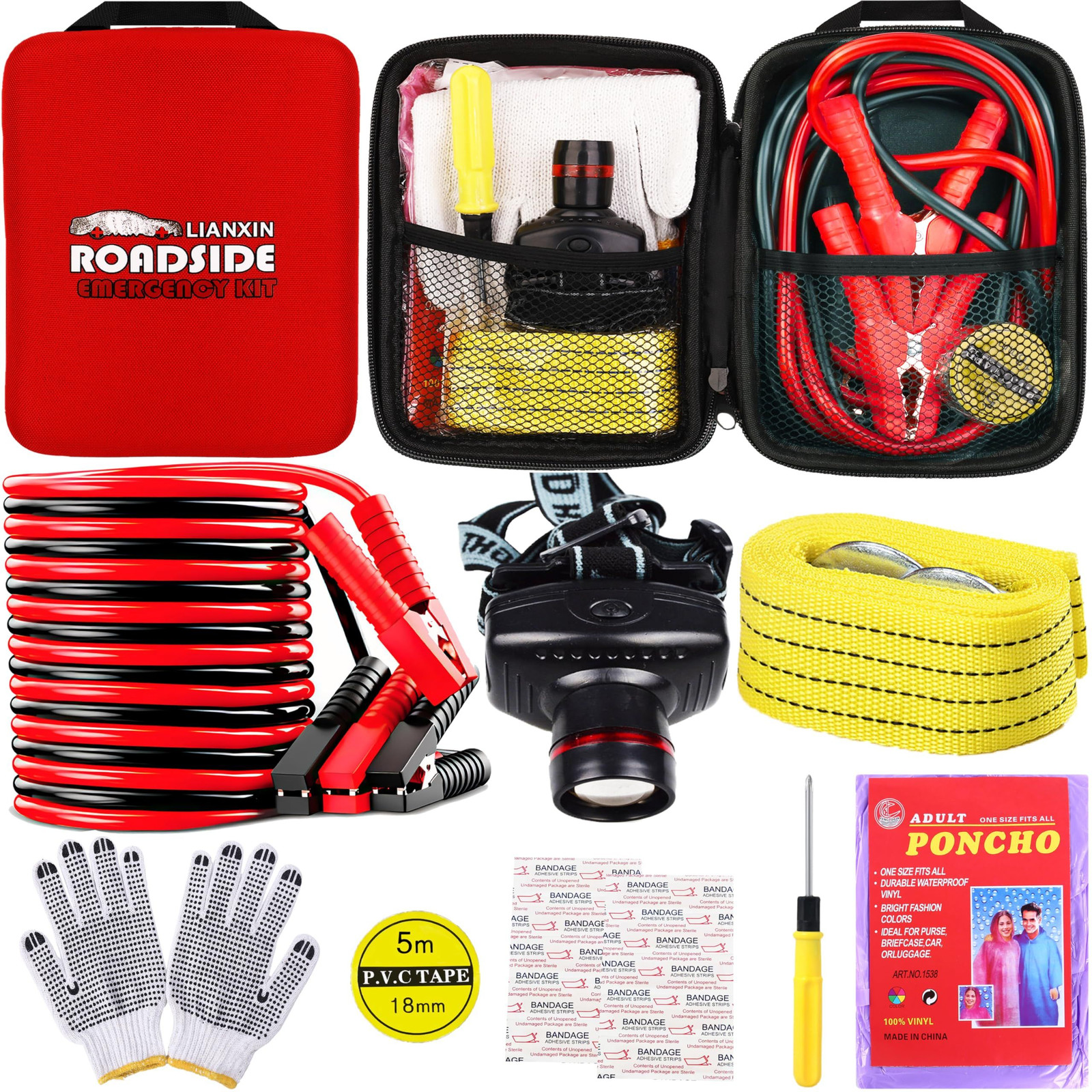 LIANXIN Car Roadside Emergency Kit, with Jumper Cables Automotive Kit,Car Red