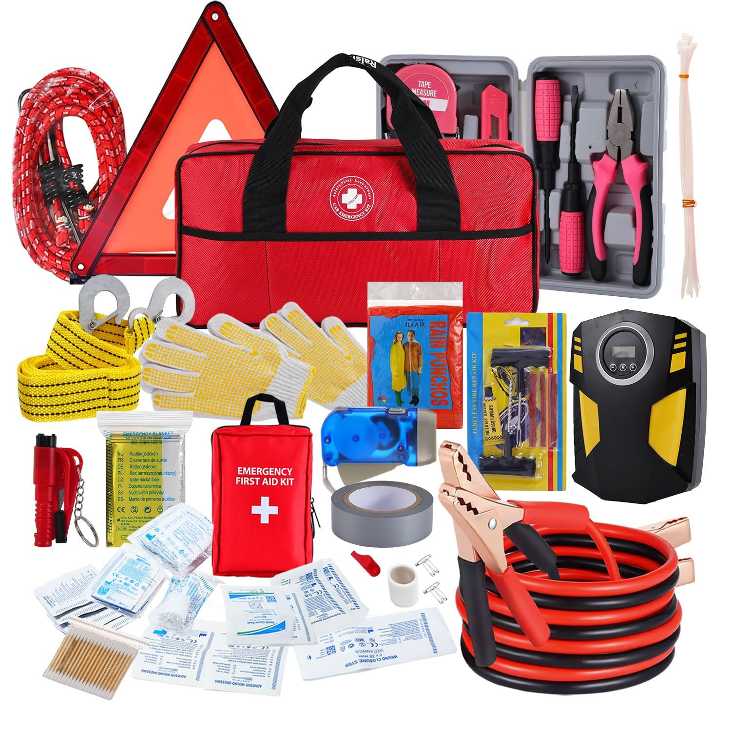 All-in-One Car Emergency Kit with Digital Tire Inflator, Jumper Cable, Red
