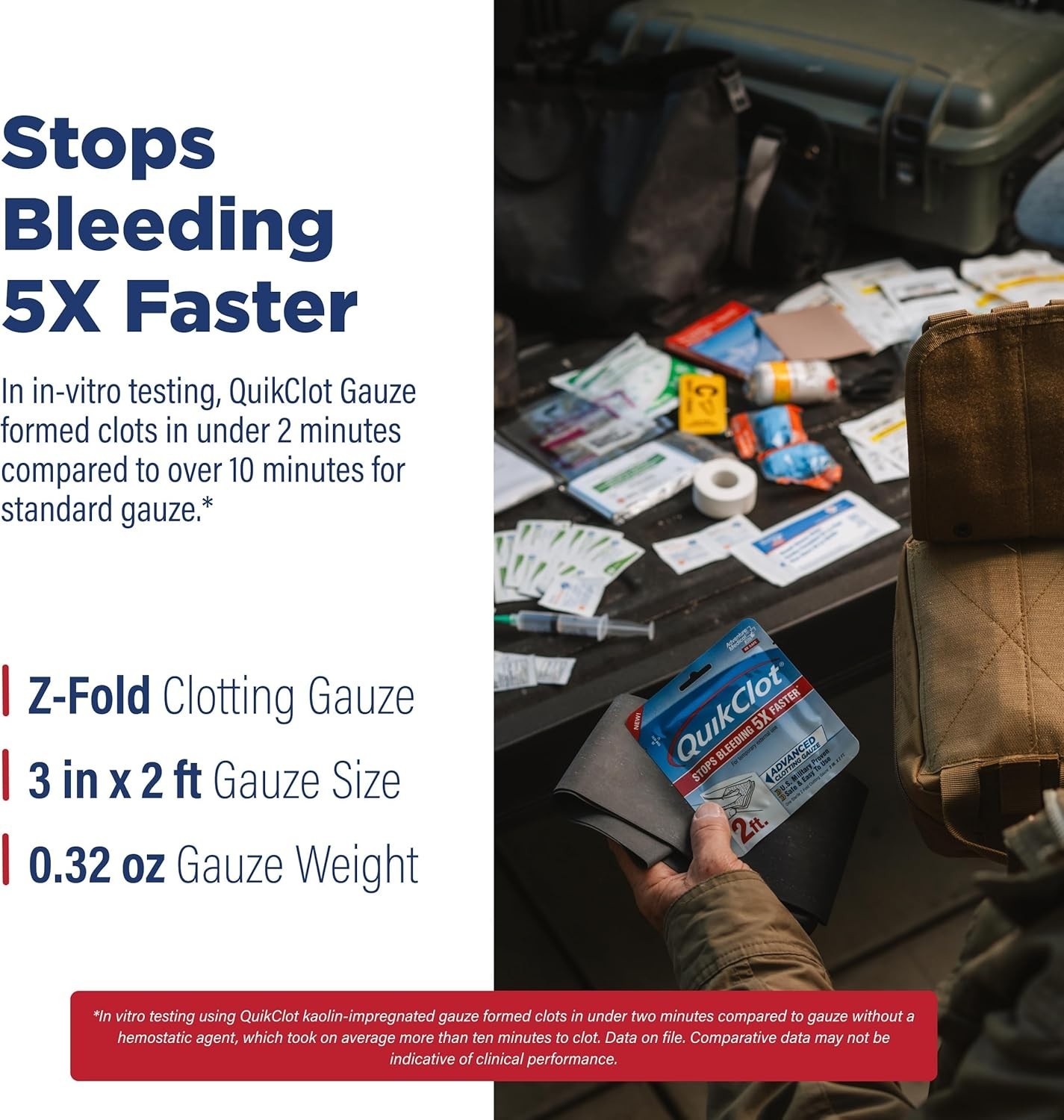 First Aid Hemostatic Gauze 3x2Ft Kaolin Fast-Stop Bleeding Trauma Gear