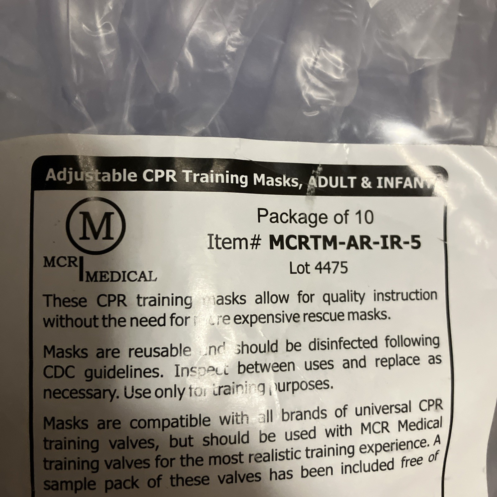 MCR MEDICAL Combo Pack of CPR Training Masks, 5 Adult & 5 Infant w/ Valves #4475