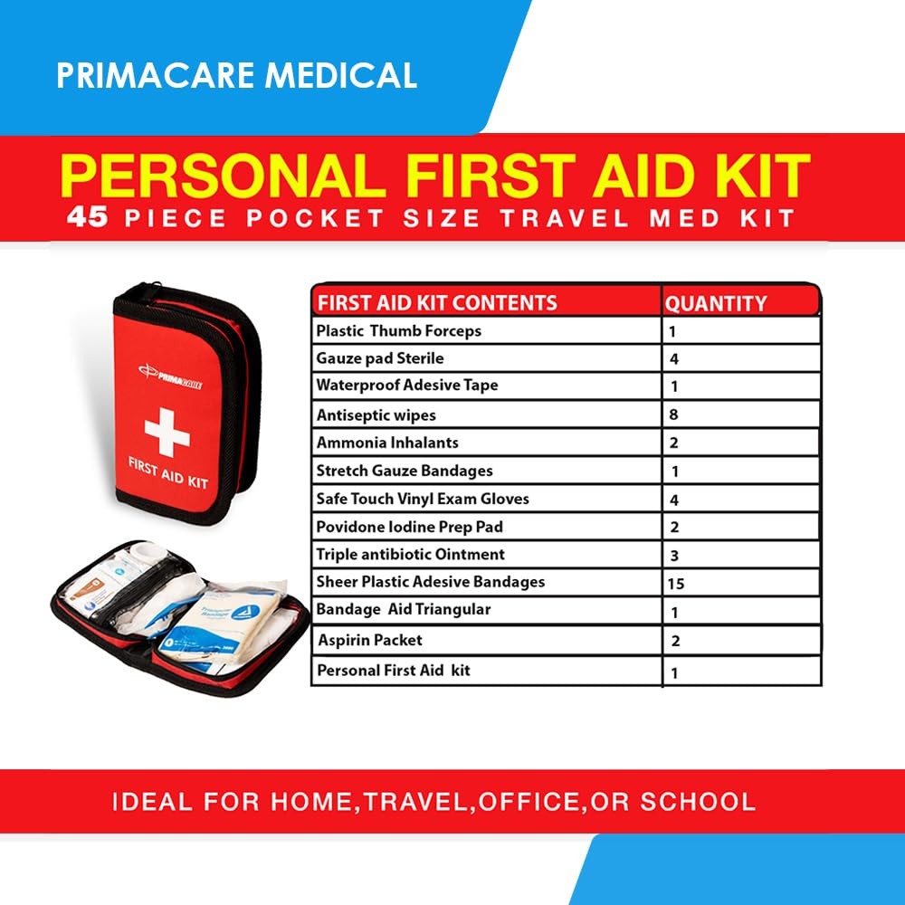 Primacare KB-7411 45 Piece Personal First Aid Kit, 6"x4"x1", with Red