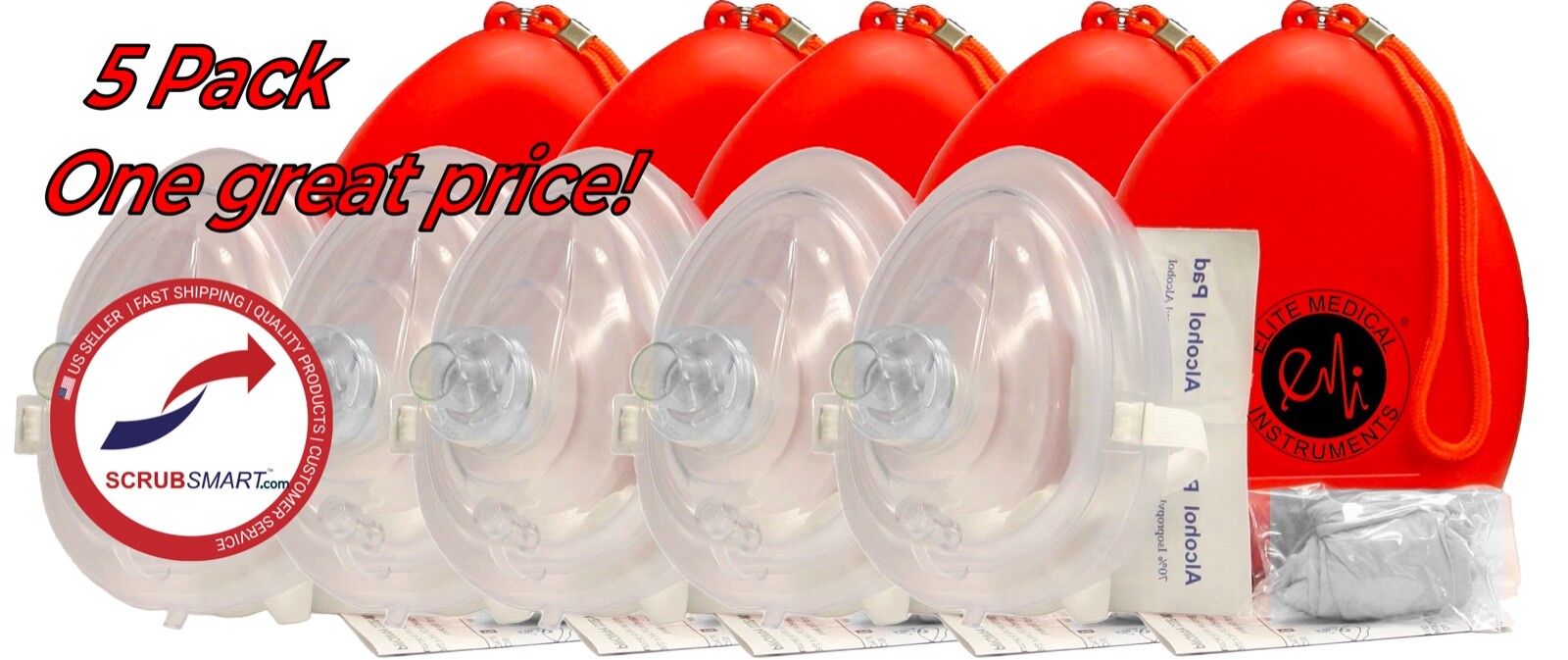 5 Pack Pocket CPR mask s in Hard Case – Mask w/O2 with Gloves
