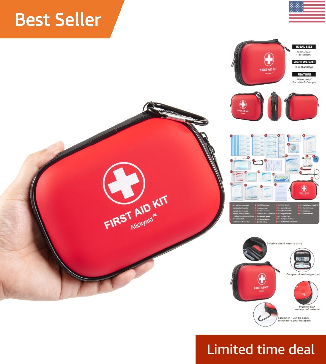 Mini First Aid Kit 120 Pieces Small Waterproof Hard Shell Case – Travel, Outdoor