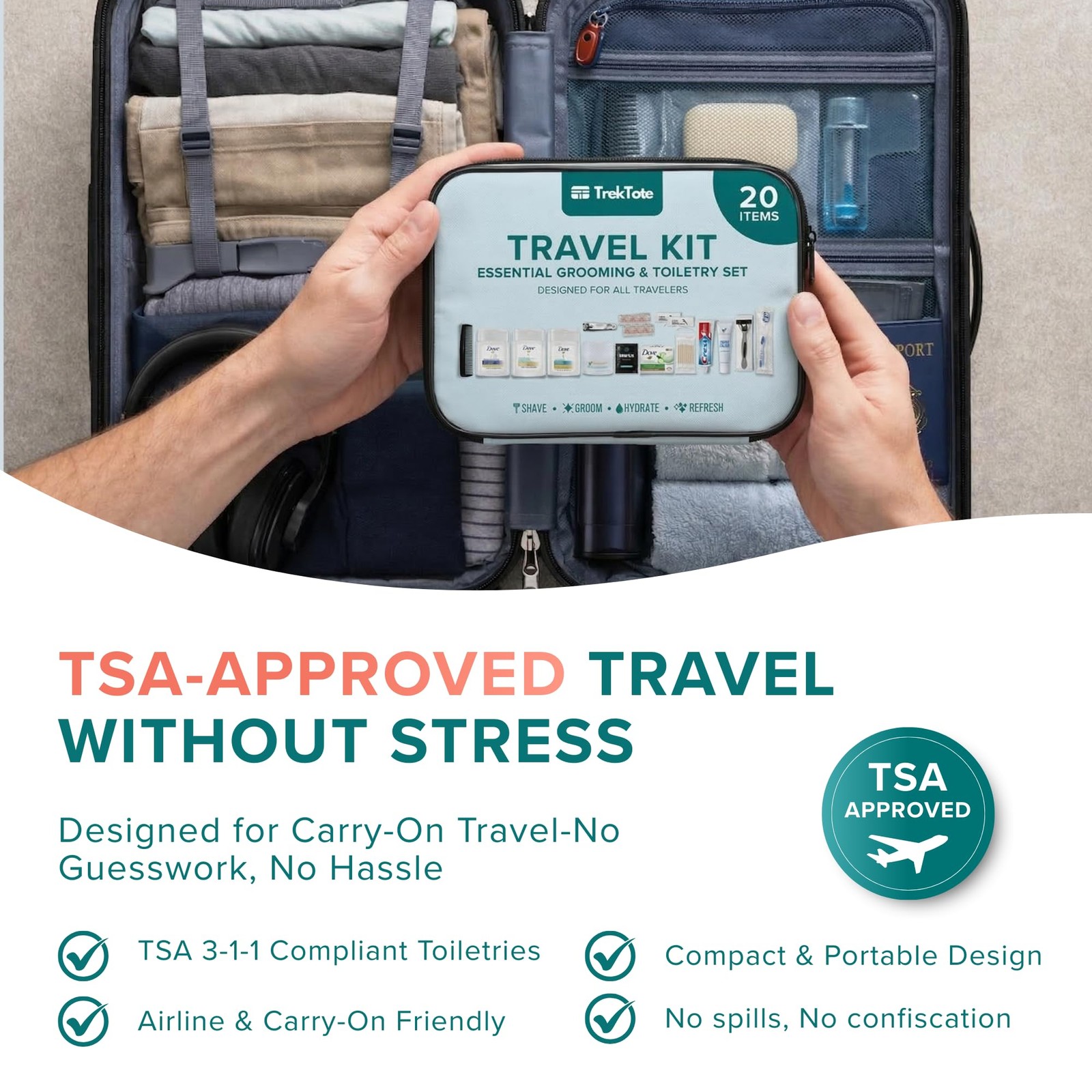 TrekTote 20 Piece Unisex Travel Hygiene Kit with Toiletries & 1 Pack, Clear