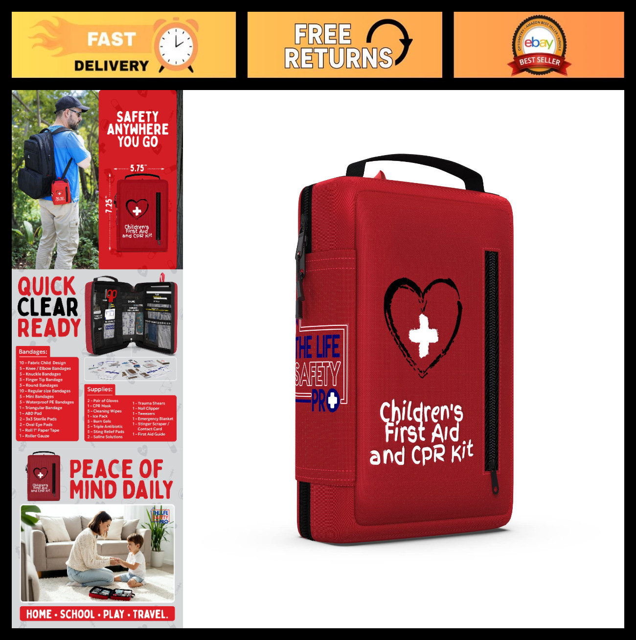 Portable Kids First Aid Kit with CPR Shield – Home, Car, School, Camping, Travel