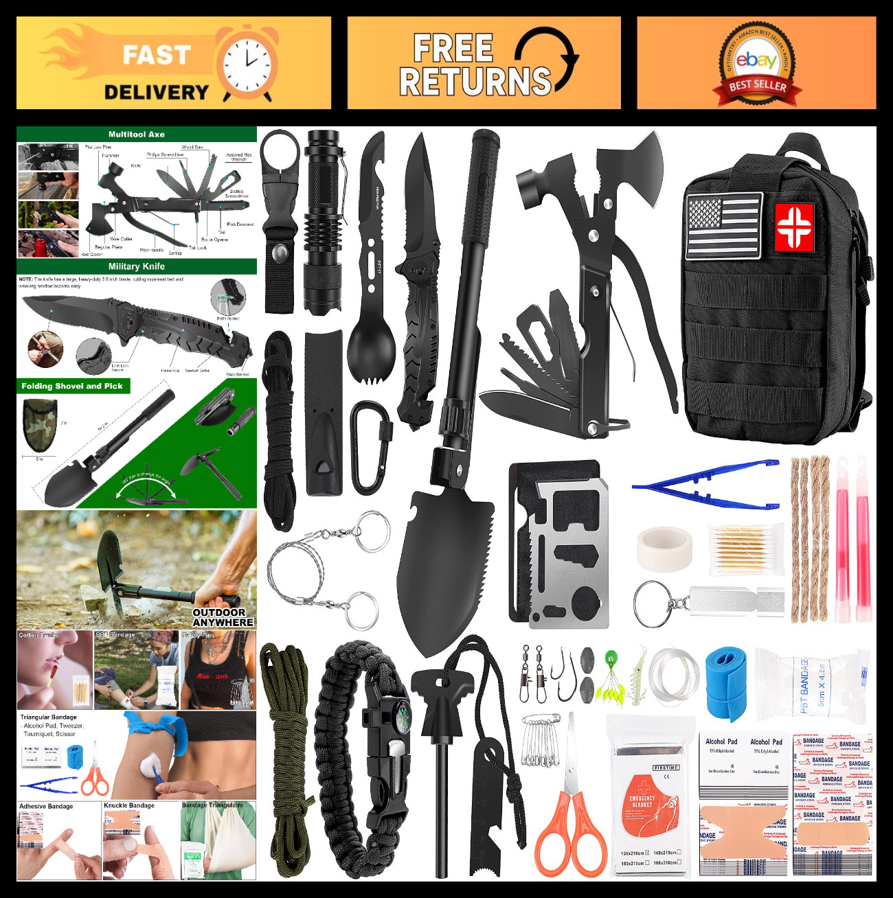 142Pcs Survival Kit & First Aid Gear, Molle Pouch, Camping, Hiking, Outdoor Adve