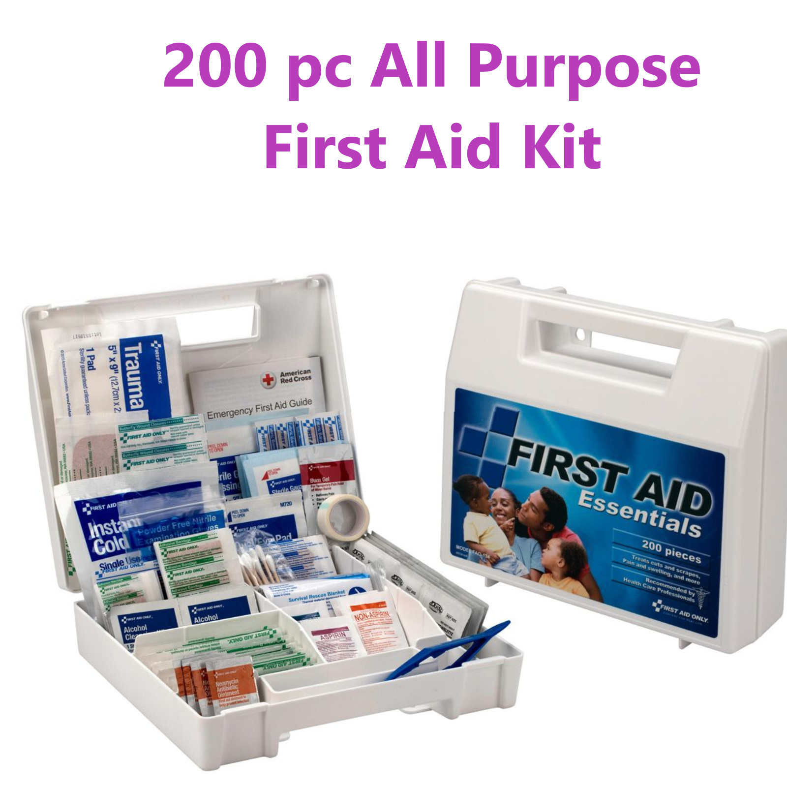First Aid Kit, 200 Pieces, Plastic Case, All Purpose First Aid Emergency Kit