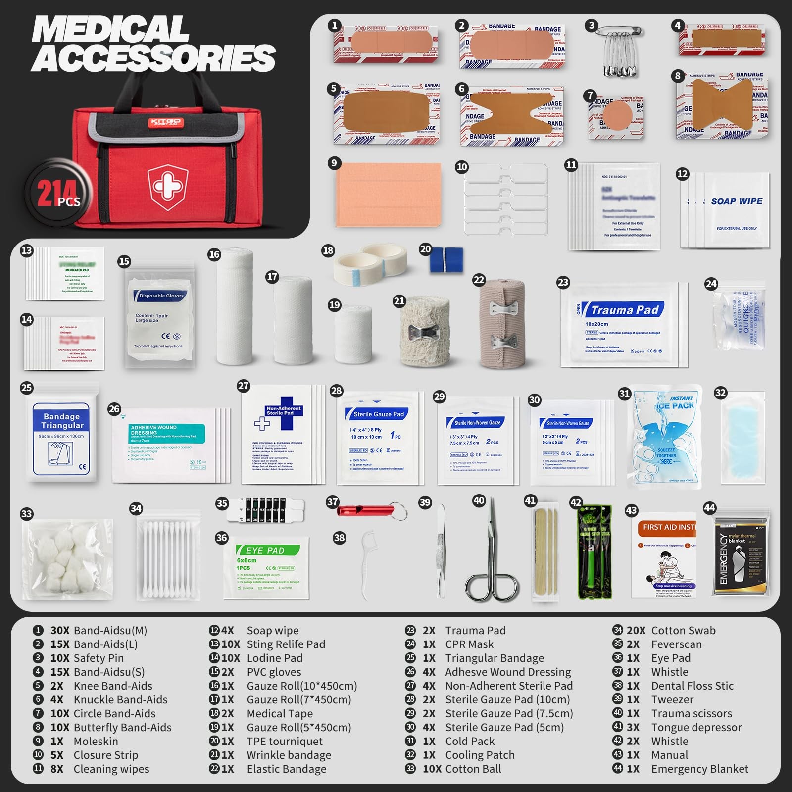 First Aid Kit – Waterproof Compact Small Emergency Medical 218 PCS, Red
