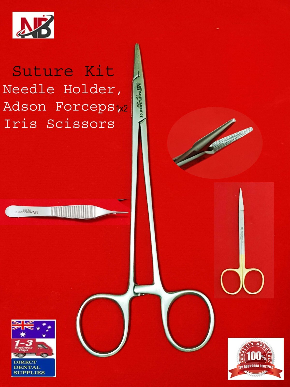 Student's Suture Kit, Needle Holder, Tissue Forceps 1×2, Iris Scissors, Premium