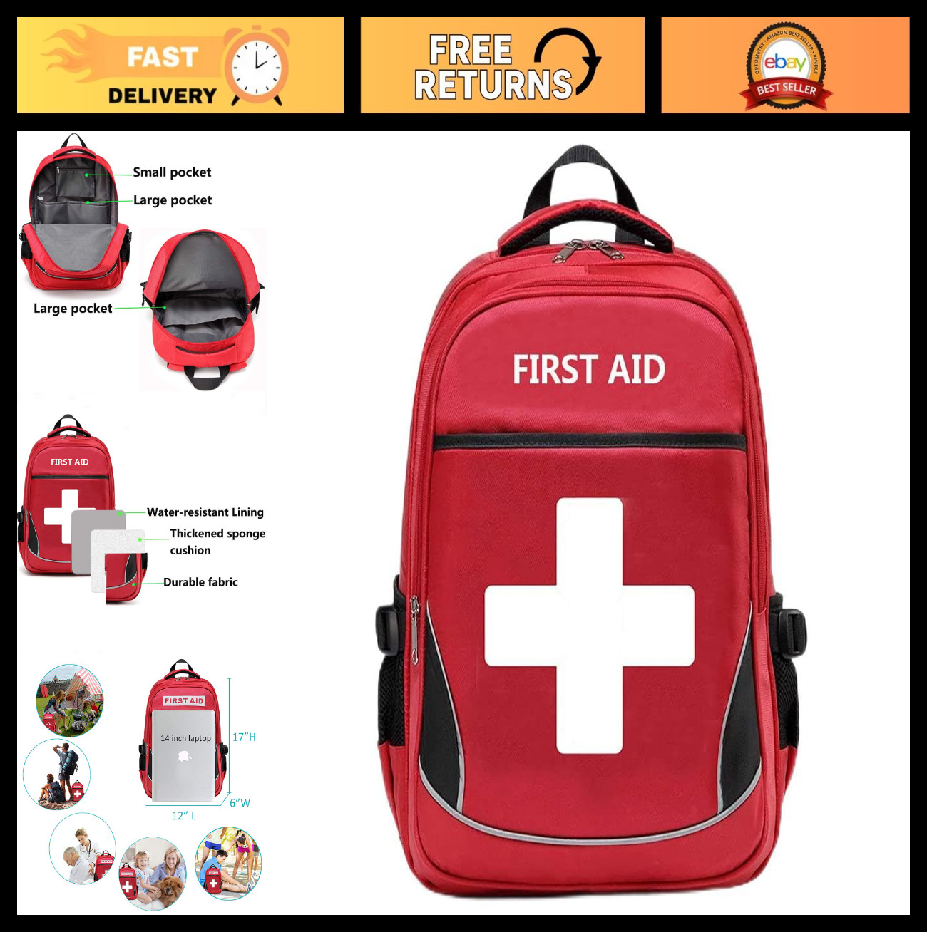 Empty Red First Aid Bag – Emergency Medical Backpack, Multi-Pocket Trauma Kit fo