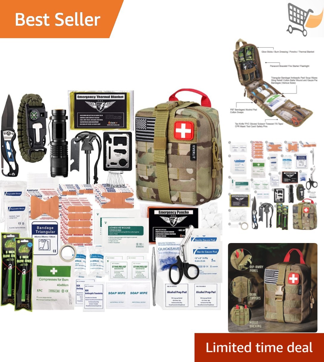 250 Pieces Survival First Aid Kit Nylon Molle Pouch Emergency Outdoor Gear