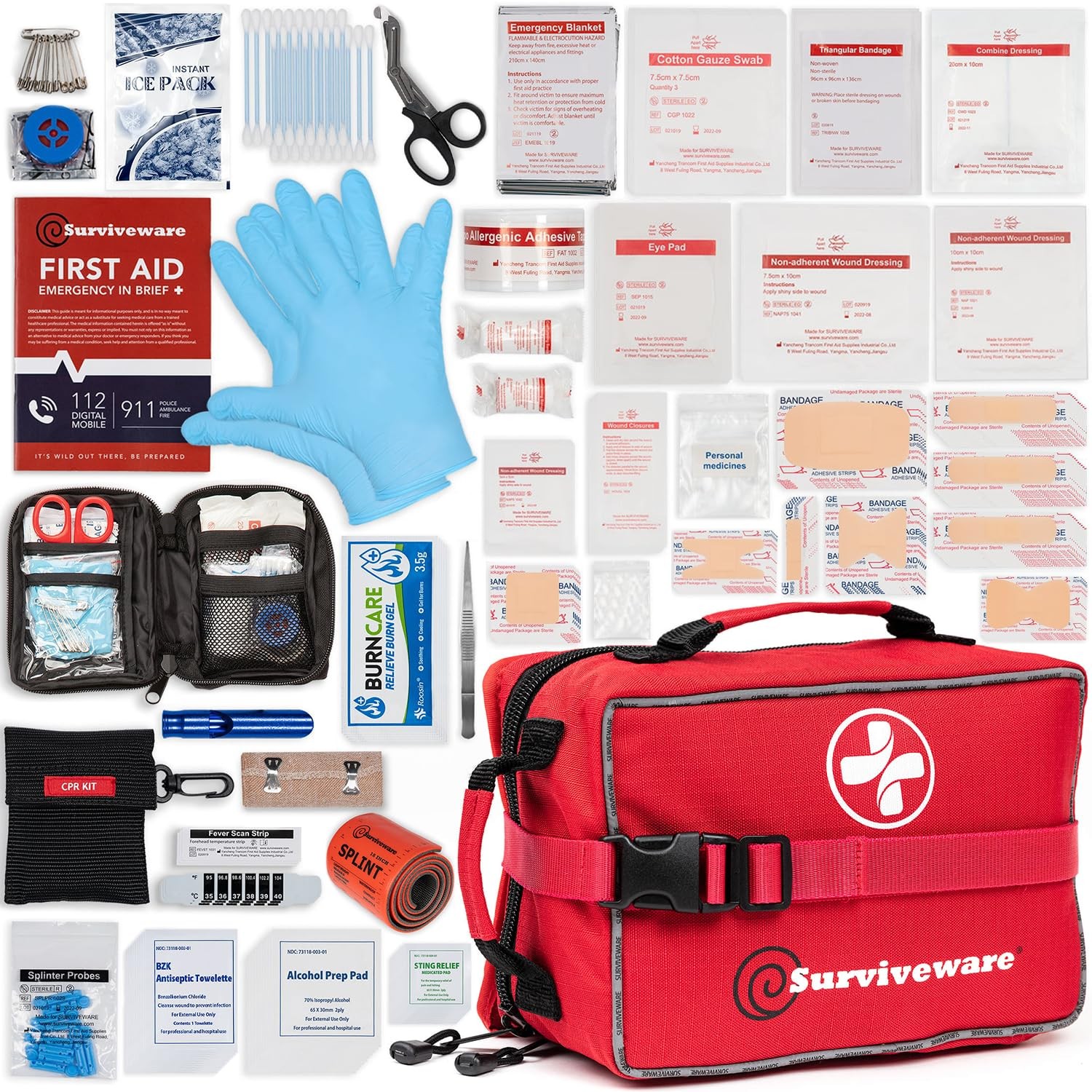 Surviveware 238 Pcs Comprehensive Premium Survival First Aid Kit – Large, Red