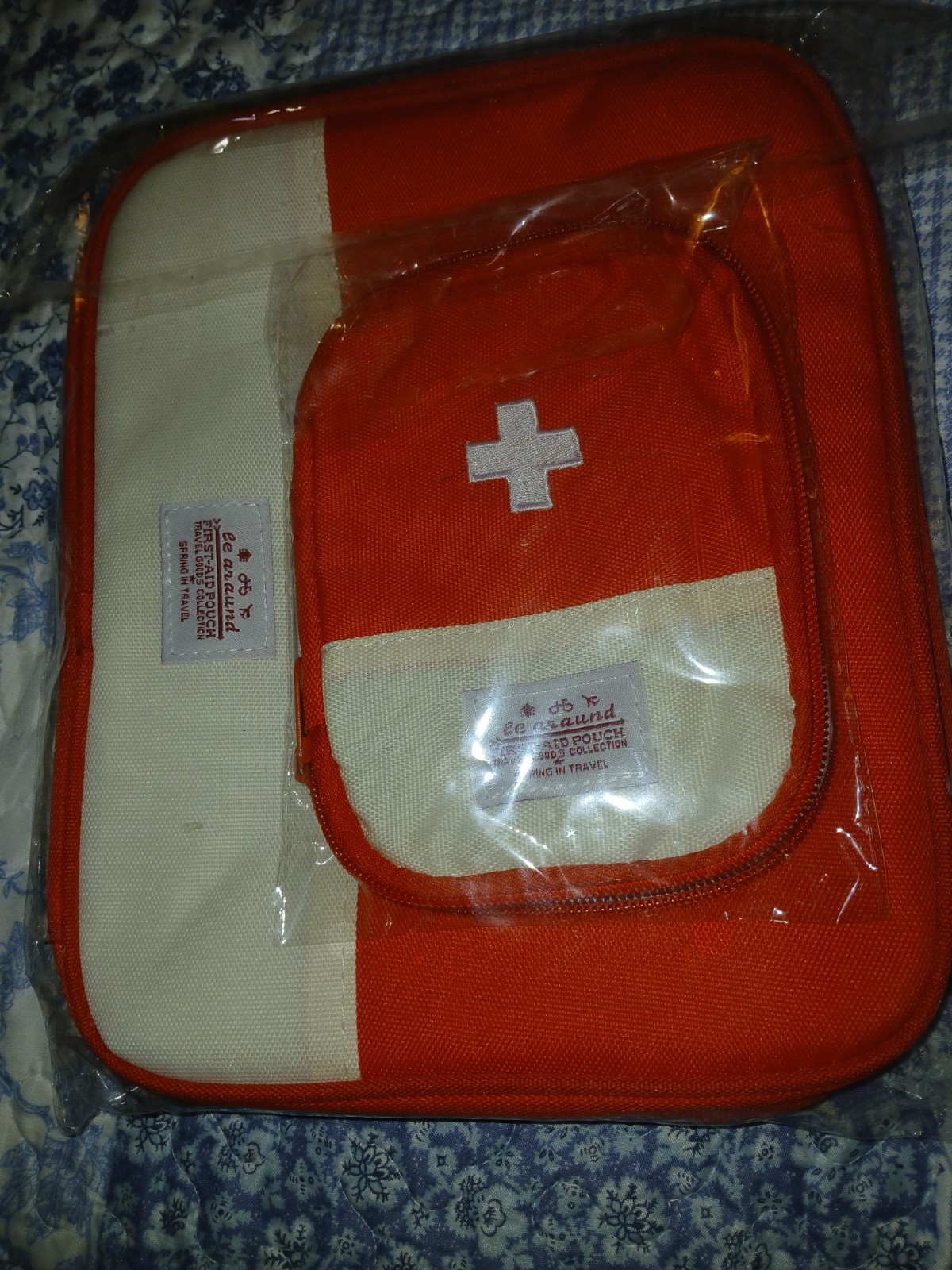 Travel/home Red &white 1st Aid Zippered Bag W/mini Bag 8x9x2" Empty Mini 5×5"