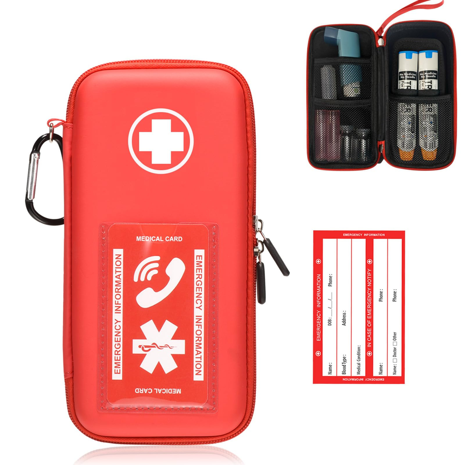 Red EpiPen Case Portable Medical Kit Organizer with Emergency Card and Pockets