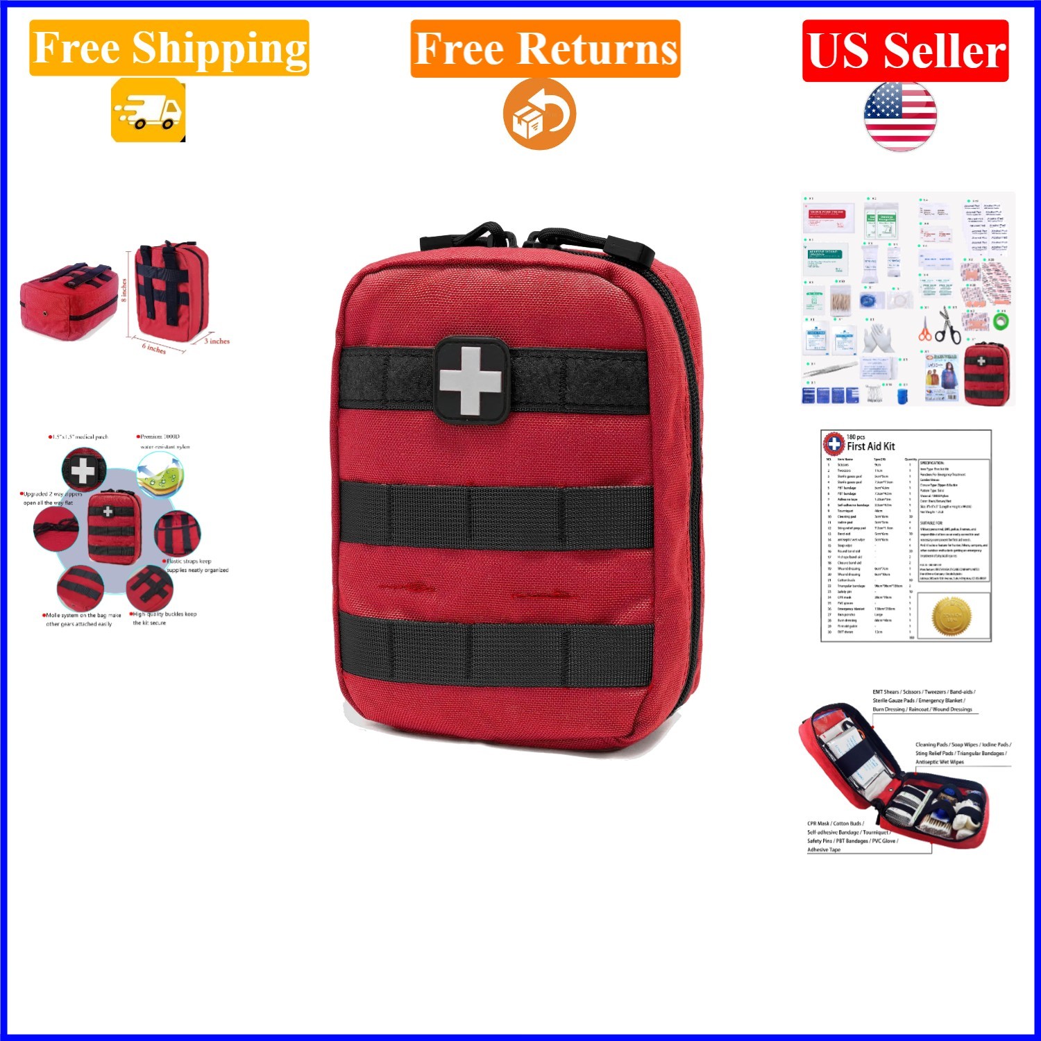 Red EMT Pouch MOLLE First Aid Kit – 180 Medical Supplies, Tactical, Waterproof