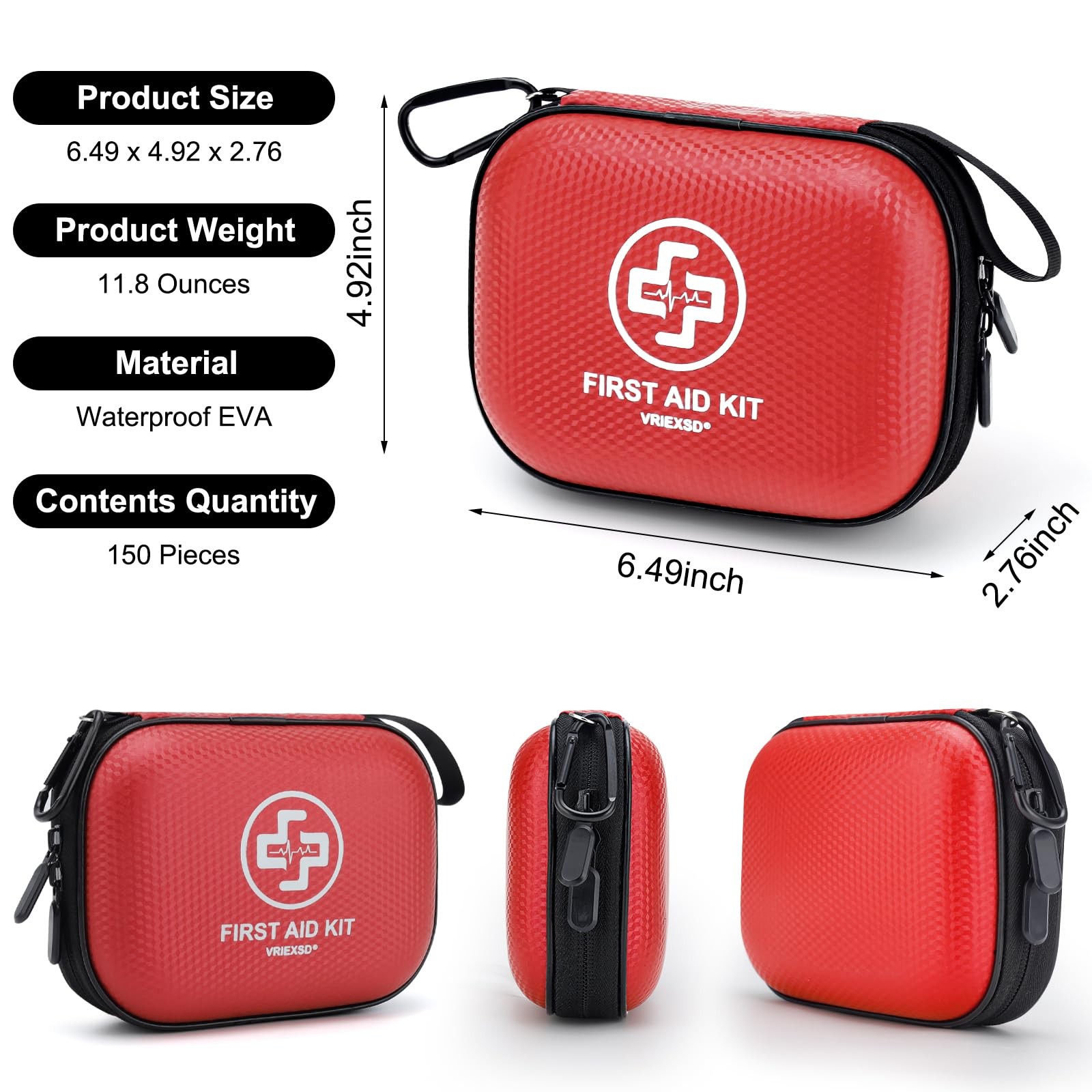 Mini First Aid Kit – 150 Piece Small Waterproof Hard Shell Medical Red