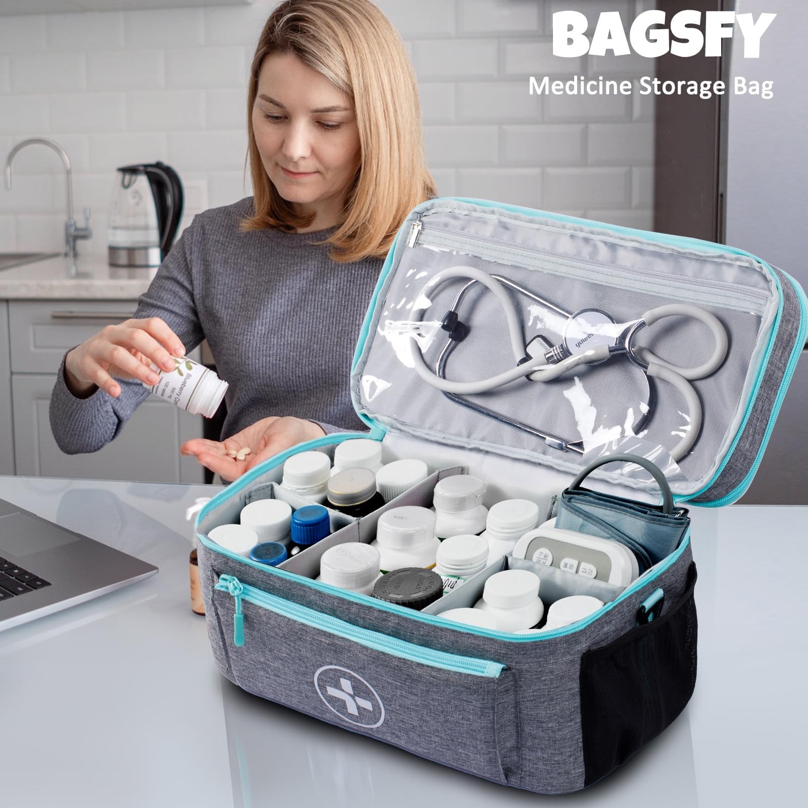 BAGSFY Travel Medicine Bag Organizer, Medical Double-Layer(Style A), Grey