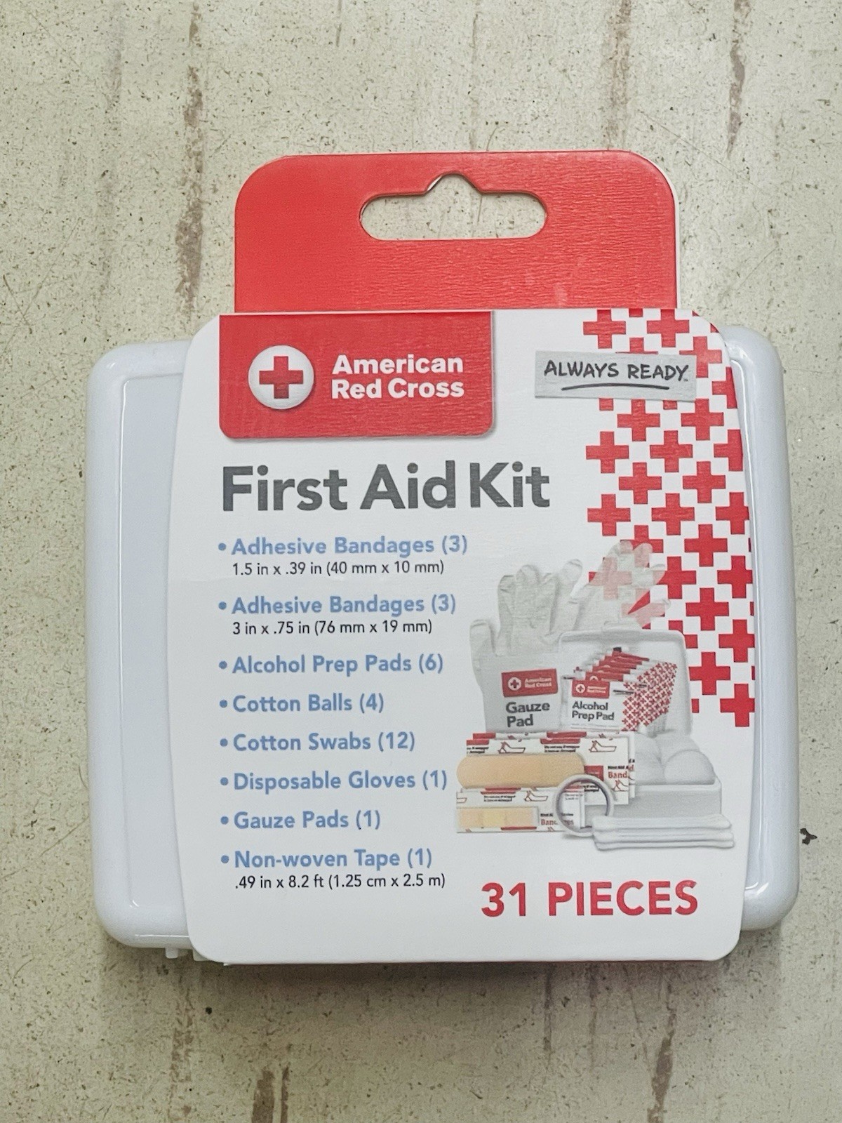 American Red Cross Portable First Aid Kit 31 Pieces White Red Adhesive Bandages