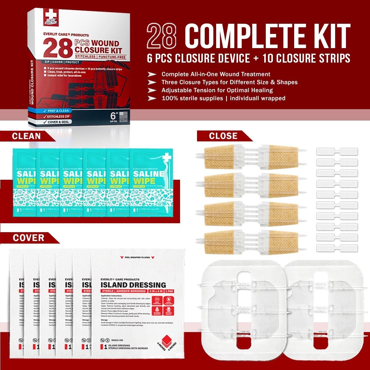 28-Pc Wound Closure Kit | Suture-Free Zip Devices & Butterfly Bandages | Sterile