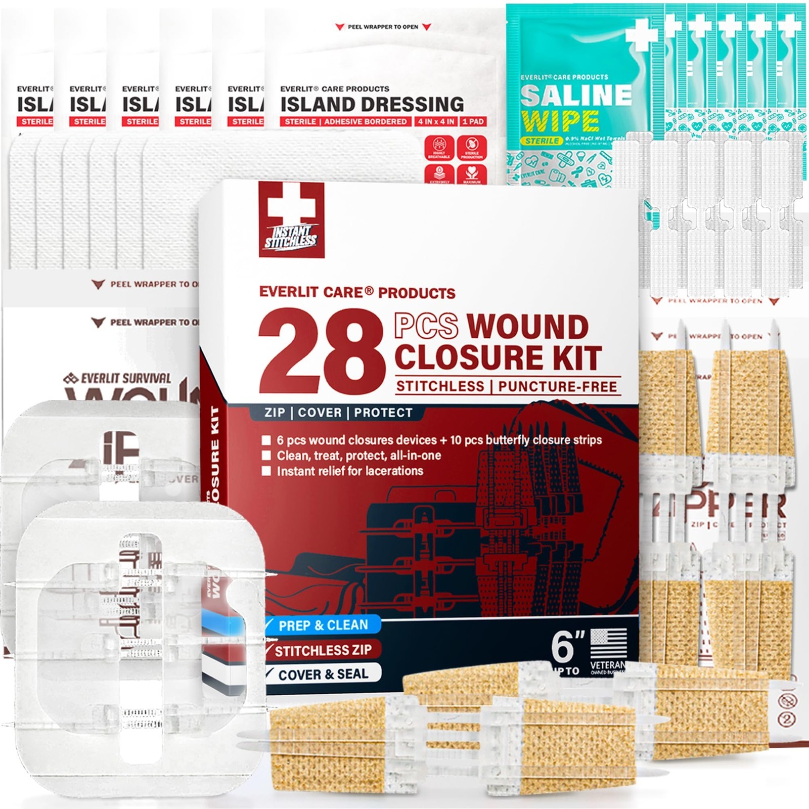 28-Pc Wound Closure Kit | Suture-Free Zip Devices & Butterfly Bandages | Sterile