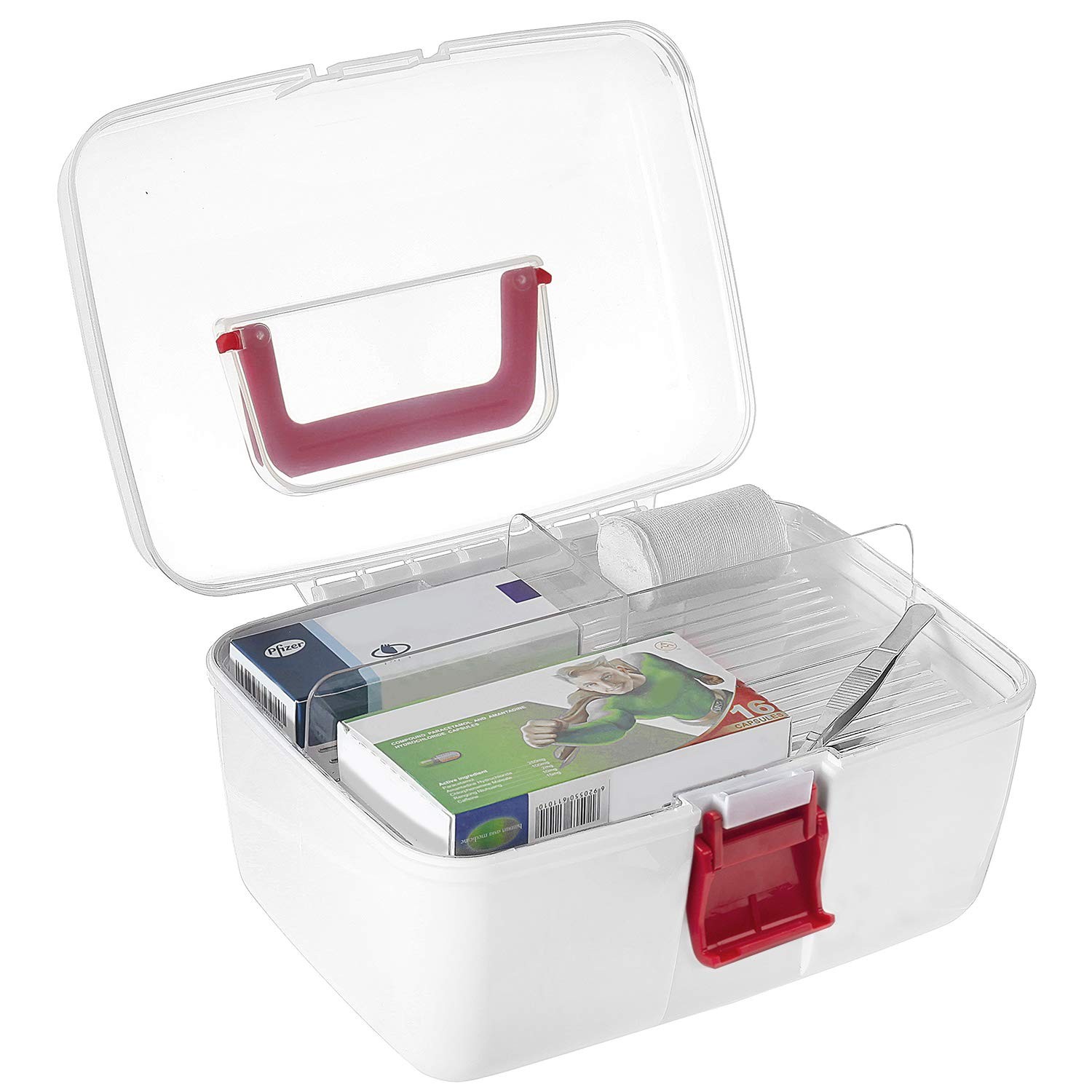 MyGift 10 Inch Multipurpose Portable White Plastic Storage Box Clear & Red
