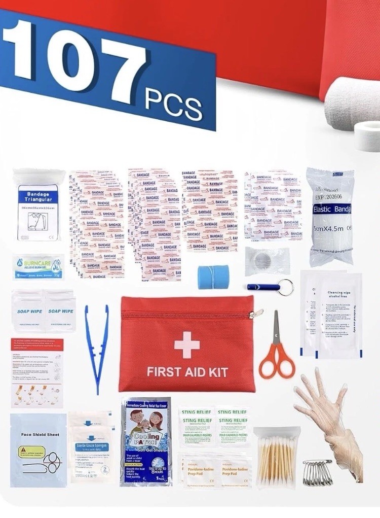 First Aid Kit Emergency Supplies Red Pouch Portable Medical Organizer 107 PCS