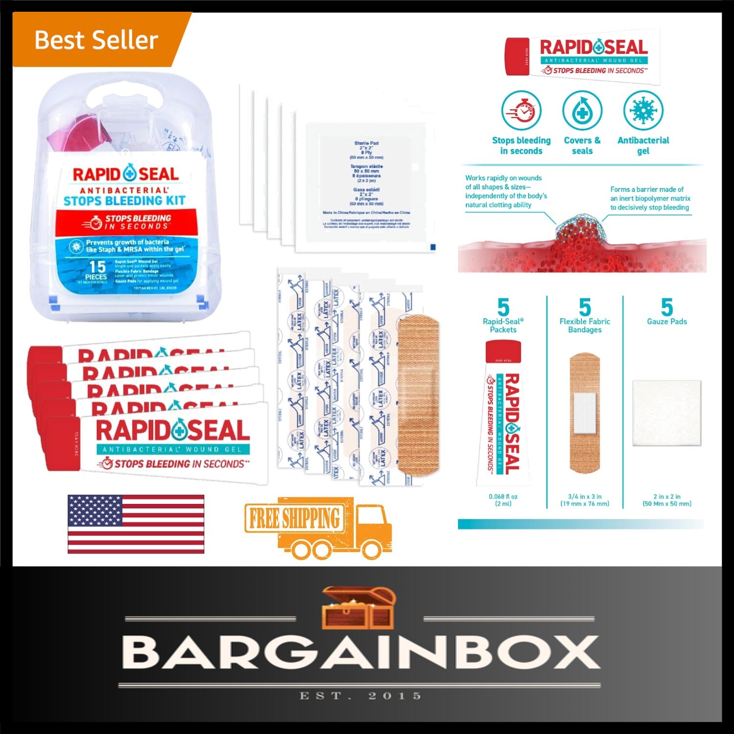 Emergency-Ready 15 Piece Rapid Seal First Aid Kit | Stops Bleeding Instantly