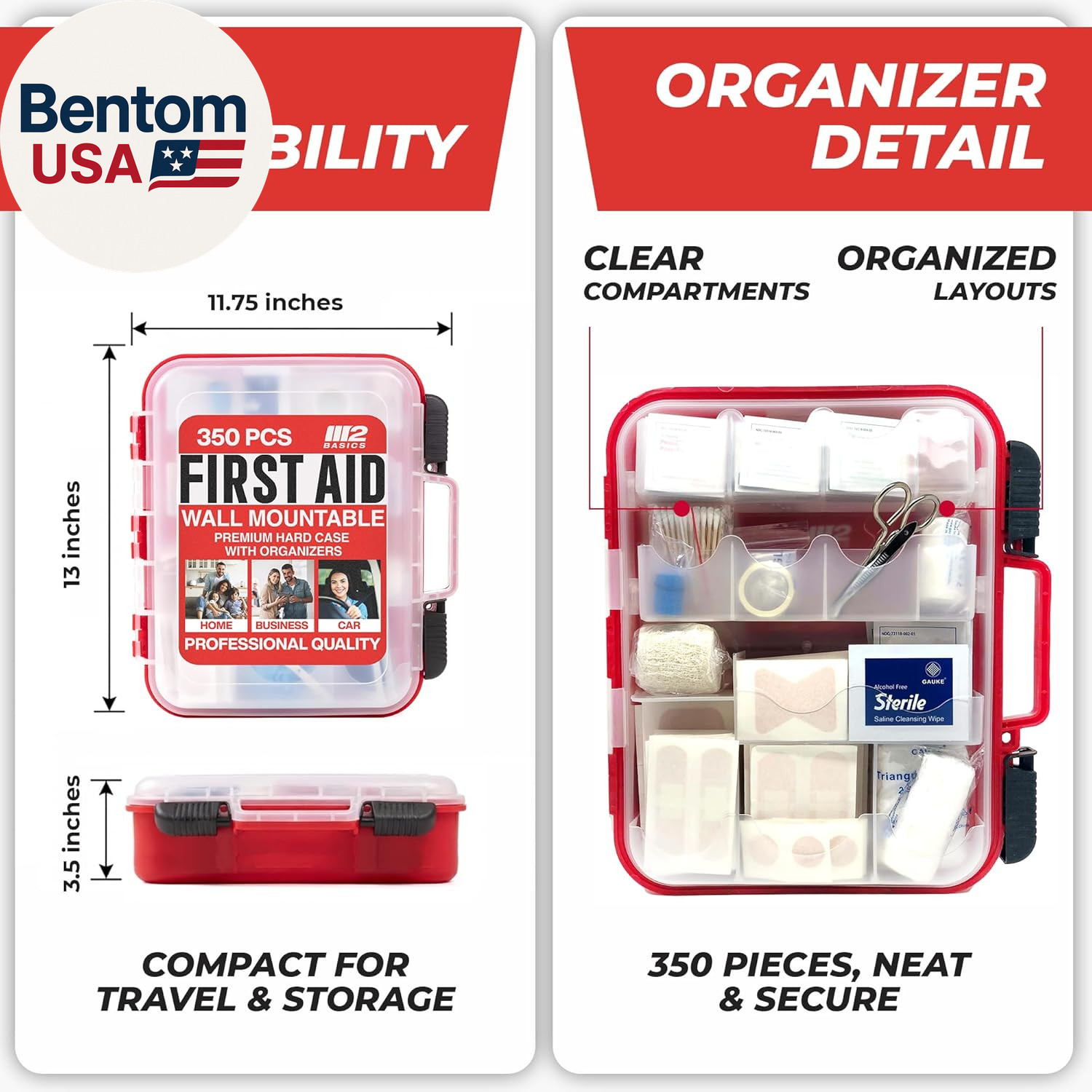350 Piece First Aid Kit, Wall Mount Hard Case with Dual Layer Compartments for W