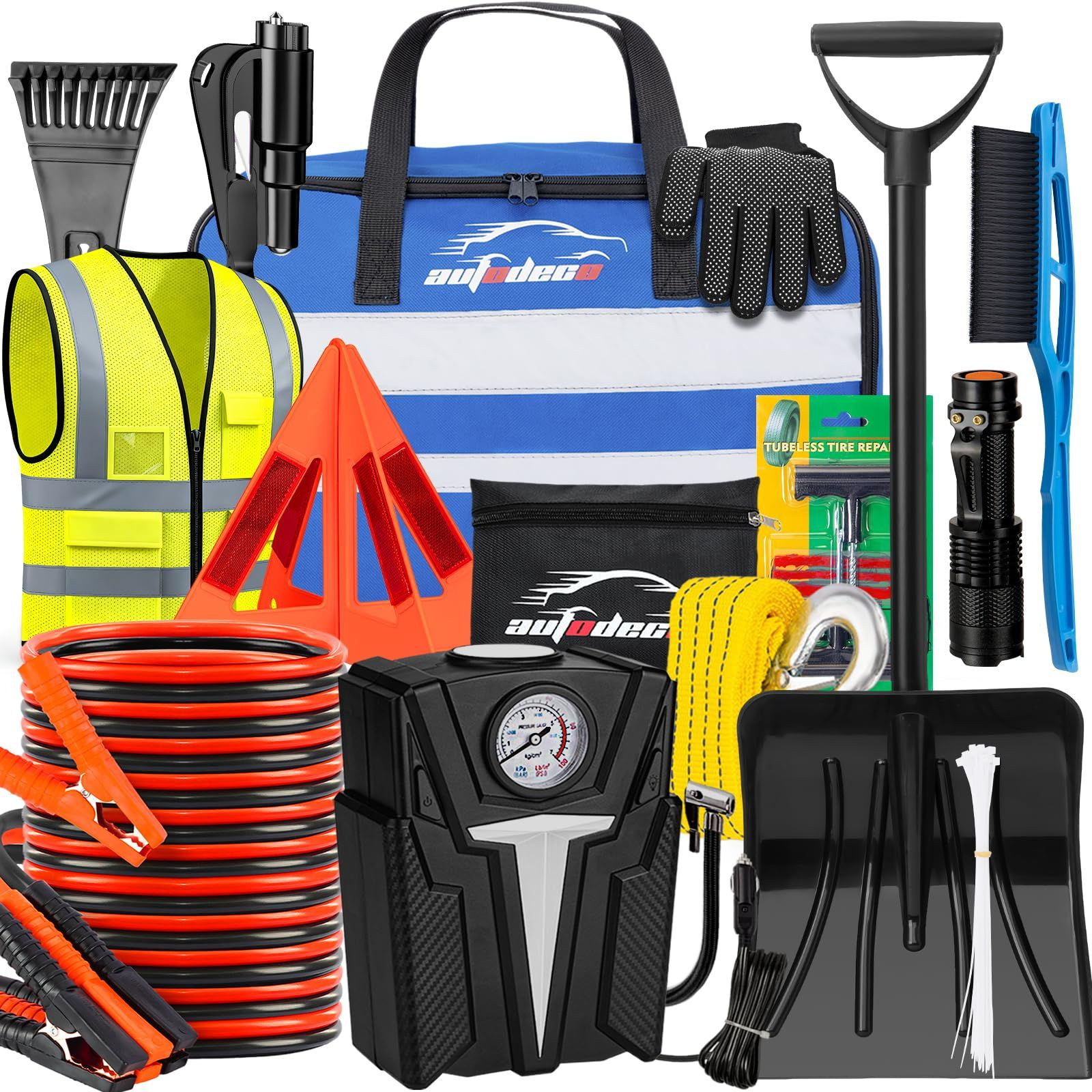 AUTODDECO Roadside Emergency Car Kit Winter Road 102Pcs, Black, Yellow, Red