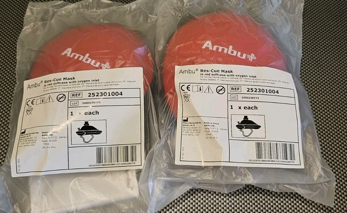 Lot Of 2 Ambu Res-Cue Mask REF 252301004 CPR Rescue w/Elastic Strap & O2 Inlet