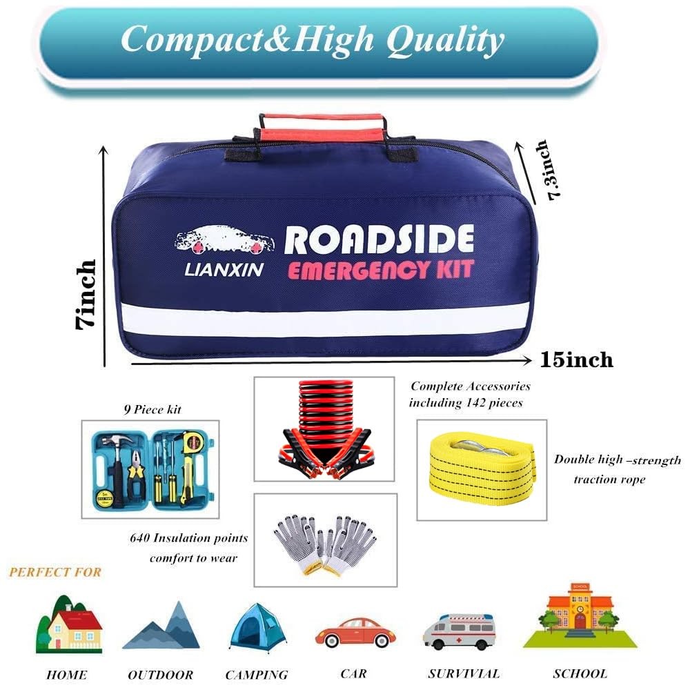 LIANXIN Roadside Assistance Emergency Kit – Car 15in*7in*7.3in, Blue